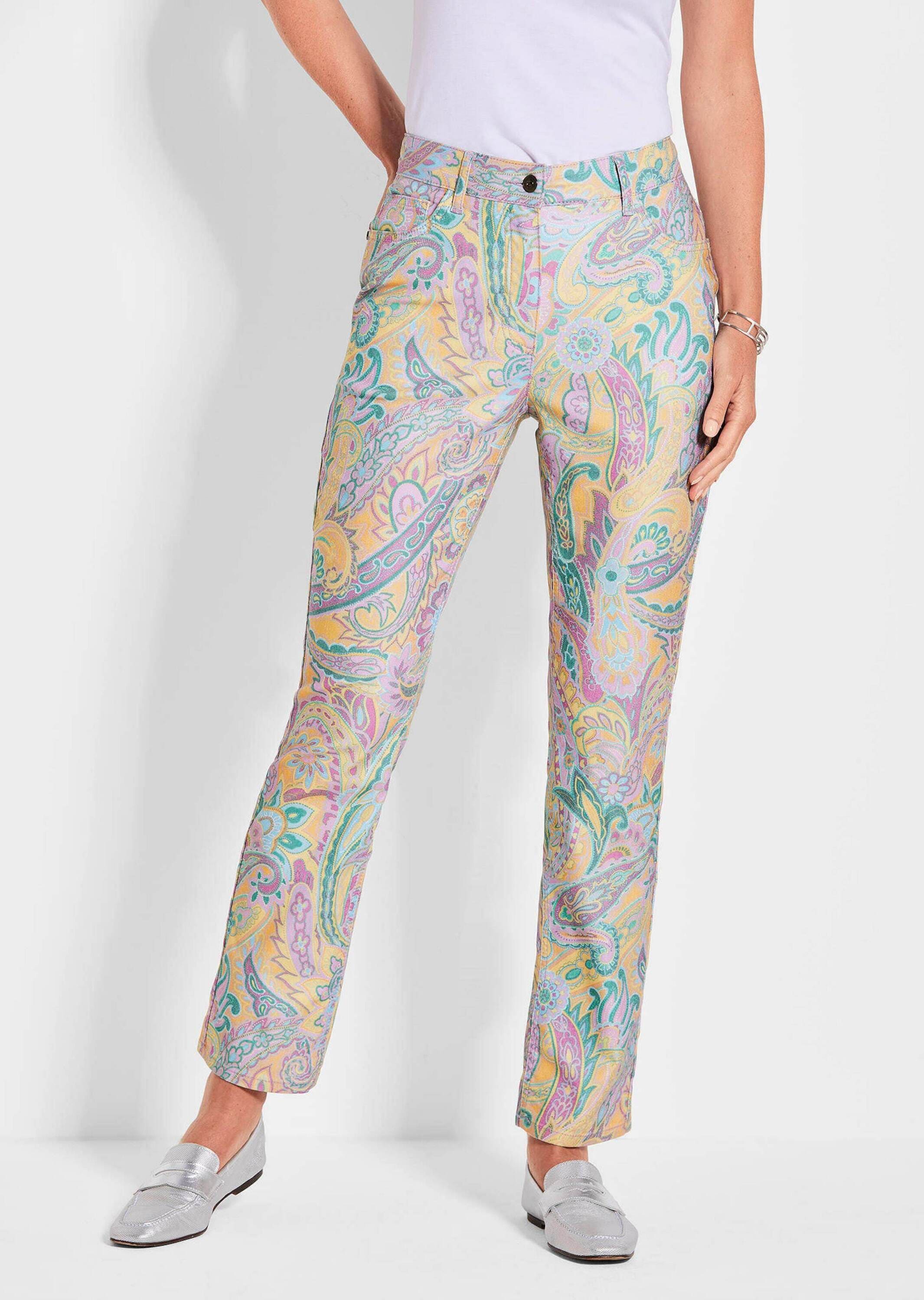 Chinohose GOLDNER "Kurzgröße Elegante Hose LOUISA mit Paisley-Muster", Damen, Gr. 23, K-Gr, lila (flieder, graugrün, gemustert), Obermaterial: 68% Baumwolle CO. 29% Polyester PES. 3% Elasthan EL., Hosen Chinohose 2