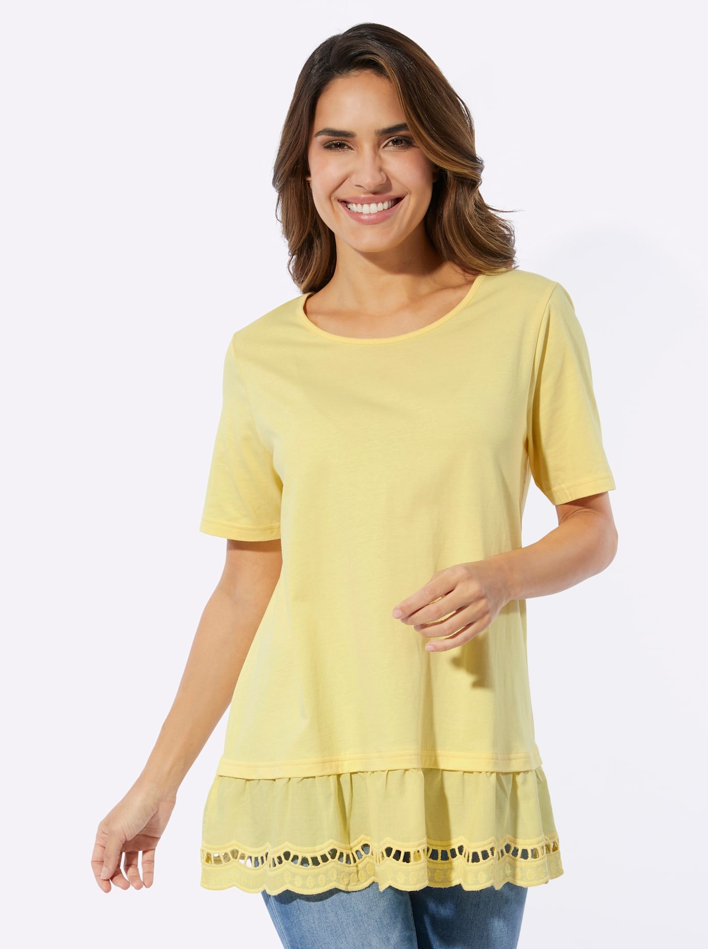 Longshirt CLASSIC BASICS "Longshirt", Damen, Gr. 40, gelb (zitrone), 100% Baumwolle, unifarben, Rundhals, Shirts Longshirt