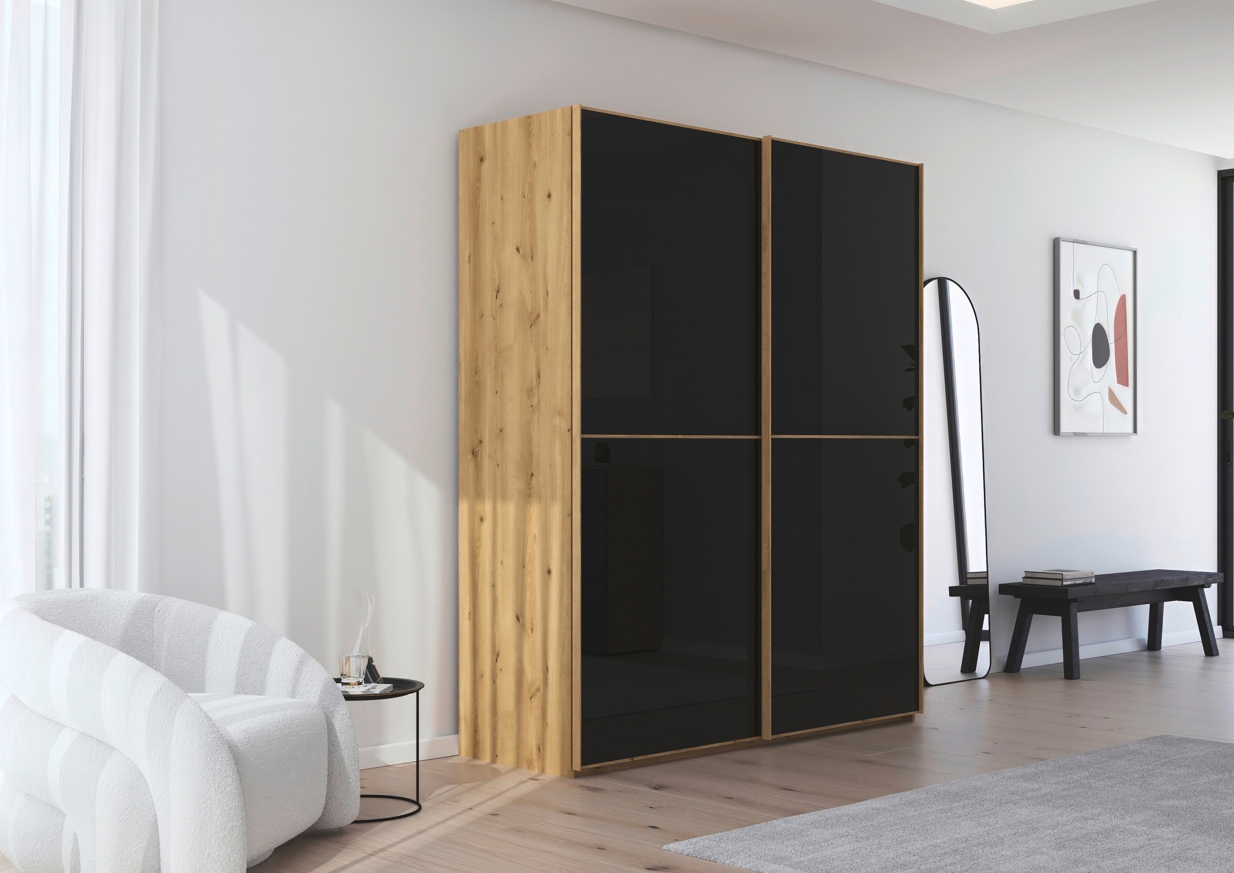 rauch Schwebetürenschrank »Kleiderschrank Schrank Garderobe Schlafzimmerschrank SCALE-DUO«, edle zweigeteilte Türen Glas-Front mit 3 Zierleisten MADE IN GERMANY