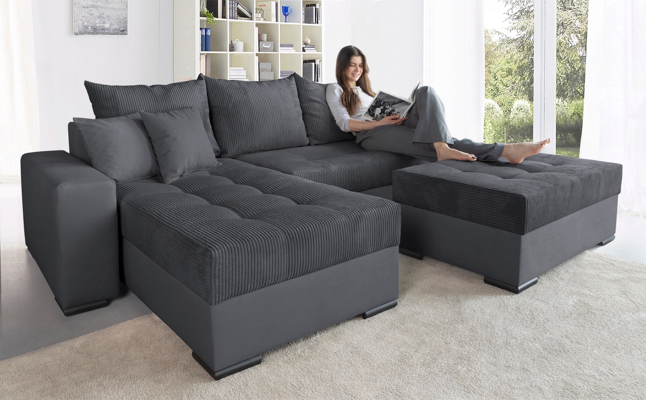 COLLECTION AB Ecksofa »Josy L-Form, Breite 214 cm, mit 3 großen Rückenkissen«, (Cord-/Mix), mit Bettfunktion und Bettkasten, Federkern