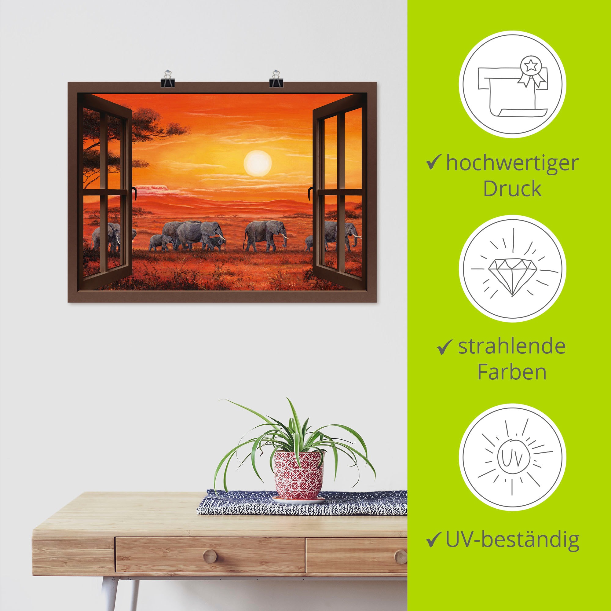 Artland Wandbild »Fensterblick - Elefantenherde«, Fensterblick, (1 St.), als Leinwandbild, Poster, Wandaufkleber in verschied. Größen