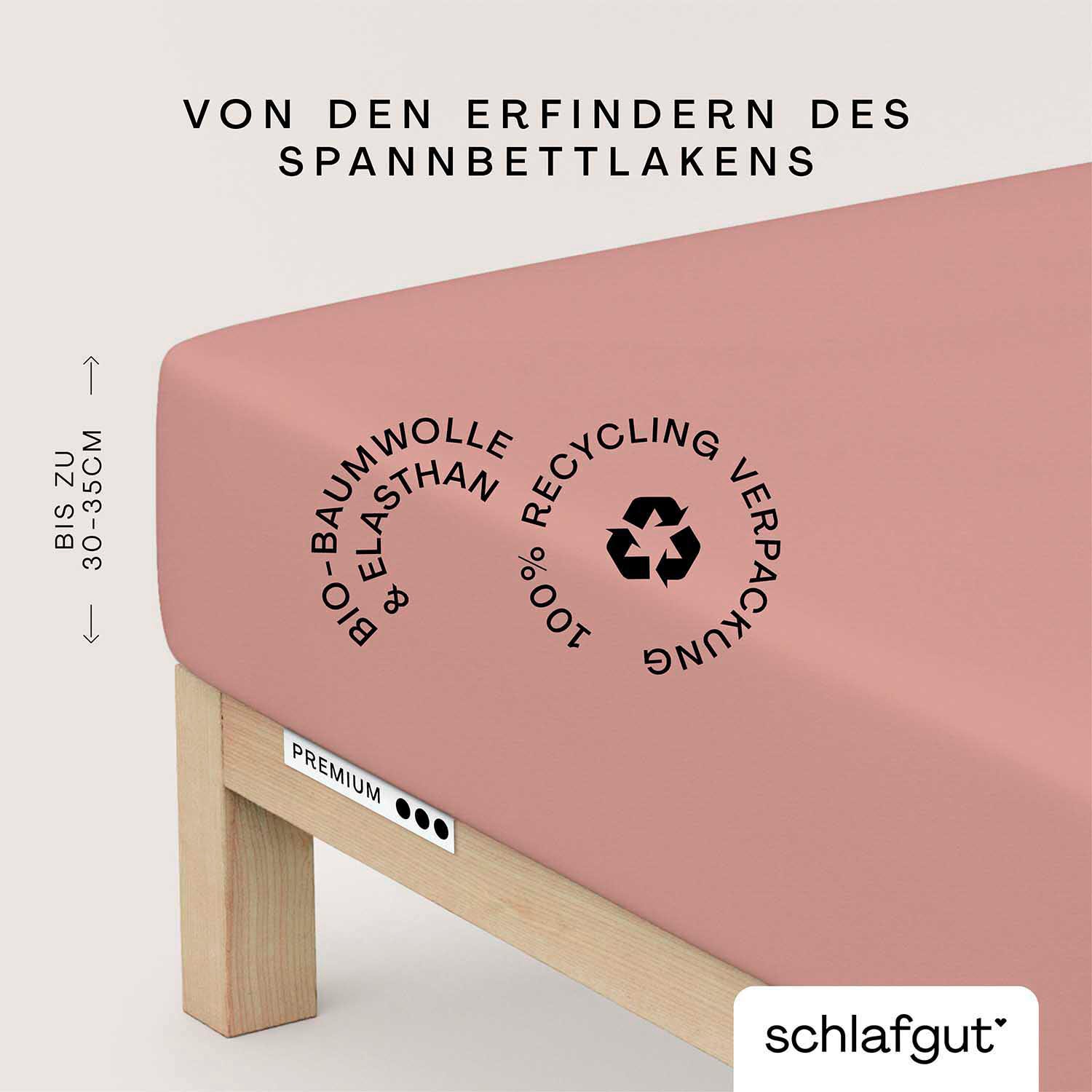 Schlafgut Spannbettlaken "PREMIUM Mako-Zwirn-Jersey, 220 g/m², 95% Bio-Baumwolle, 5% Elasthan" Bettlaken bis 30 cm Höhe, PREMIUM-Qualität langlebig, perfekter Sitz