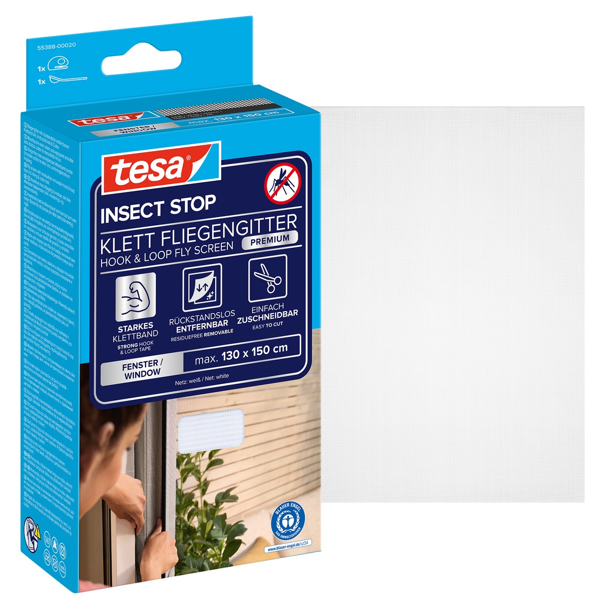 tesa Insektenschutz-Fensterrahmen »Insect Stop Comfort Fliegengitter für Fenster - 1.3 m x 1.5 m« Packung, Fliegennetz, Klettband, Andrück und Schneidehilfe, 1 Stk. tlg. Insektenschutzgitter - ohne Bohren - zuschneidbar