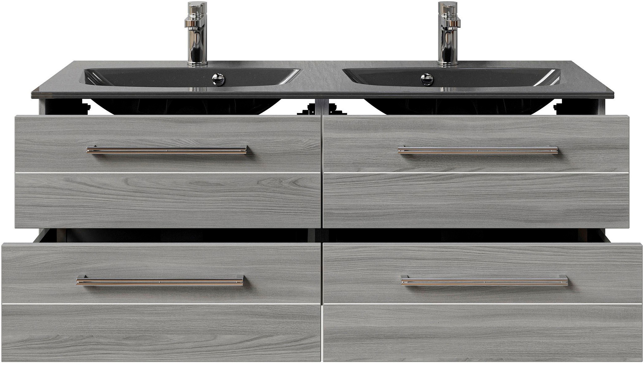 Saphir Badmöbel-Set »Serie 6025 2-teilig Mineralmarmor-Waschtisch mit LED-Spiegelschrank«, (2 St.), Waschplatz 132cm breit, 4 Schubladen, 2 Spiegel-Türen, inkl Türdämpfer