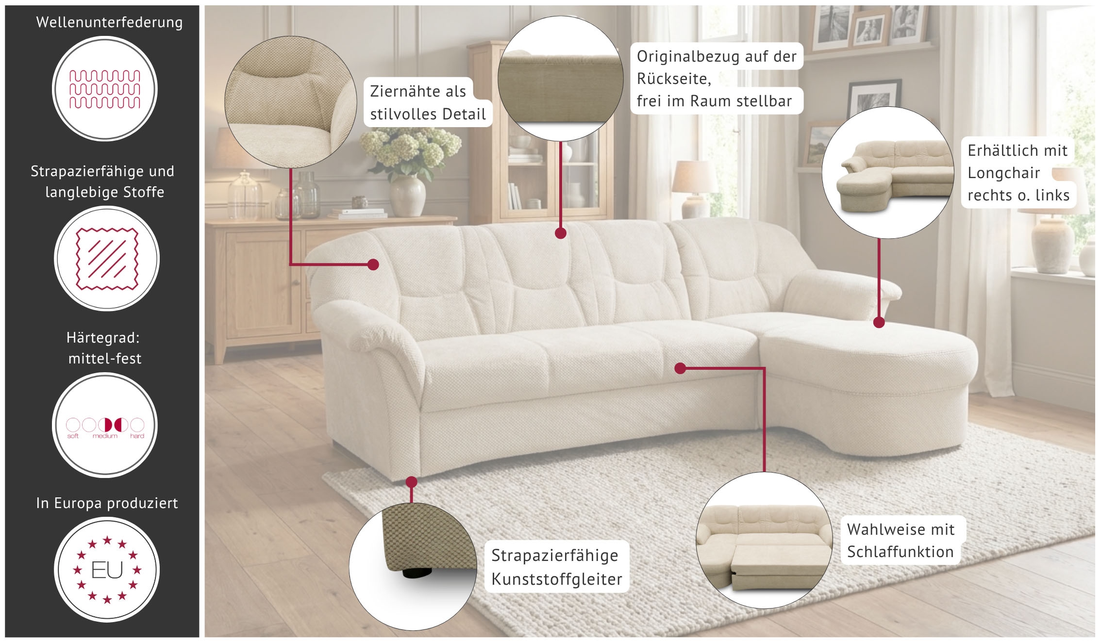 OTTO home Ecksofa »Langeland 232 x 146 cm, auch mit Schlaffunktion, mit Federkern, L-Form« mittelfester Sitzkomfort, aus pflegeleichtem, weichem Microfaser Bezug