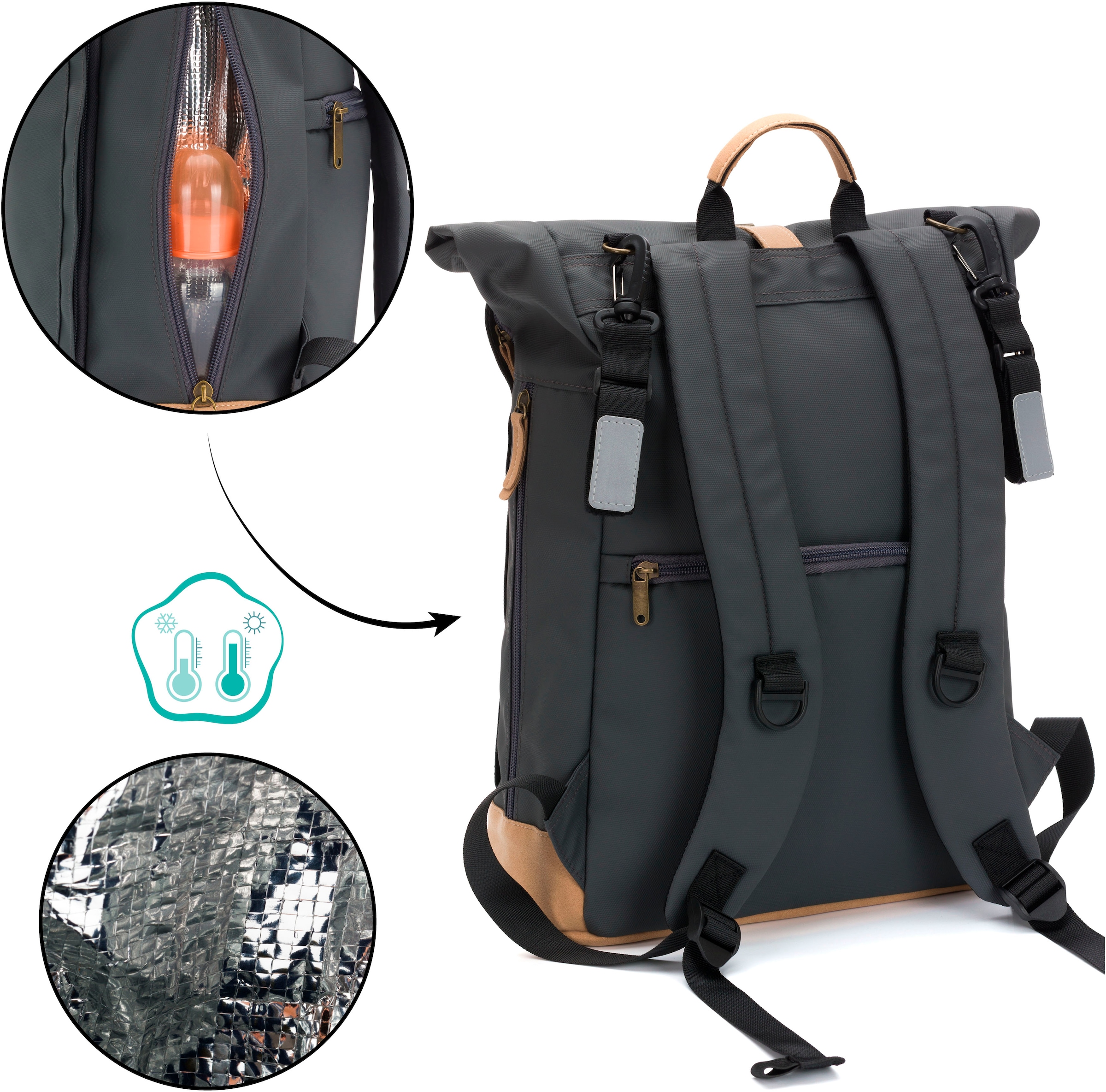 Fillikid Wickelrucksack »Rolltop Berlin stone grey«, Reflektoren, inkl. Wickeltunterlage