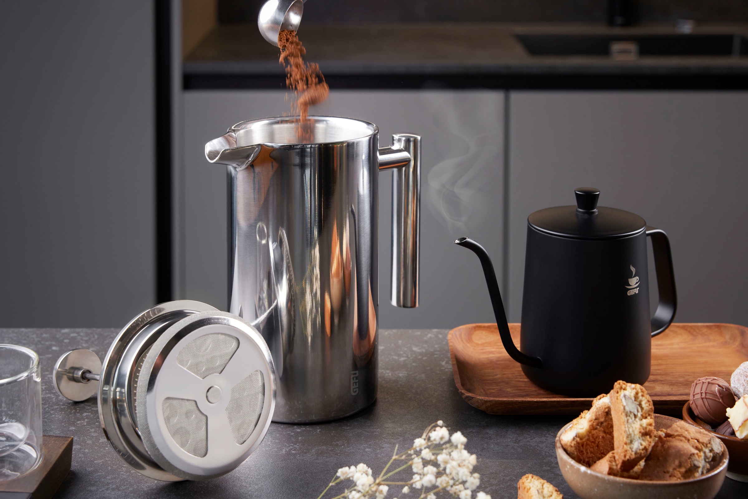 Kanne Zubereitung, Edelstahl French l und Kaffee einfaches von Servieren 1000 kaufen Press heißes BAUR Kaffeekanne, | GEFU Tee, »GUSTAVO«,