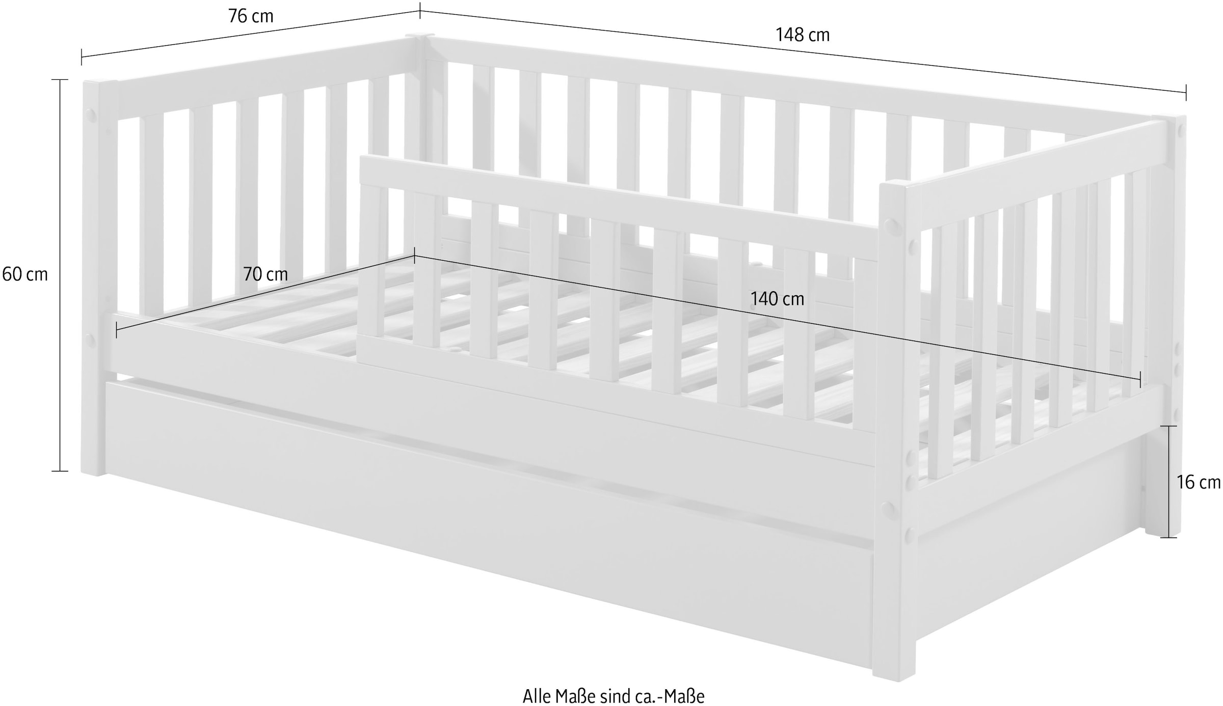 Vipack Kinderbett »Junior, Kiefer massiv lackiert, niedriger Einstieg rechts oder links«, (B/H/T ca. 148x60x76cm, wahlweise mit Schublade, in 2 Farben erhältlich), inklusive Rolllattenrost und umlaufendem Absturzschutz