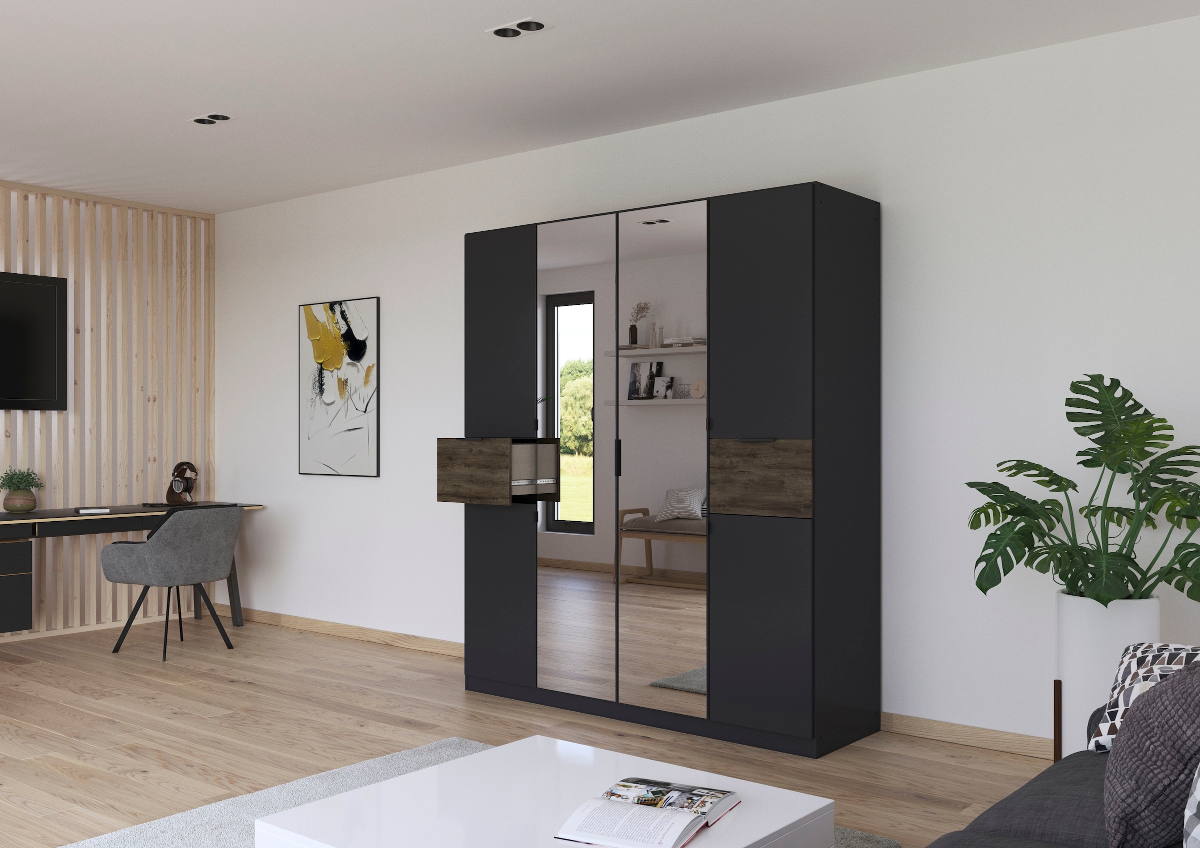 rauch Drehtürenschrank »Kleiderschrank Schrank Garderobe Wäscheschrank TICAO« Schubladen in der Höhe variabel positionierbar,  mit 2 geräumigen Schubladen, viel Stauraum MADE IN GERMANY