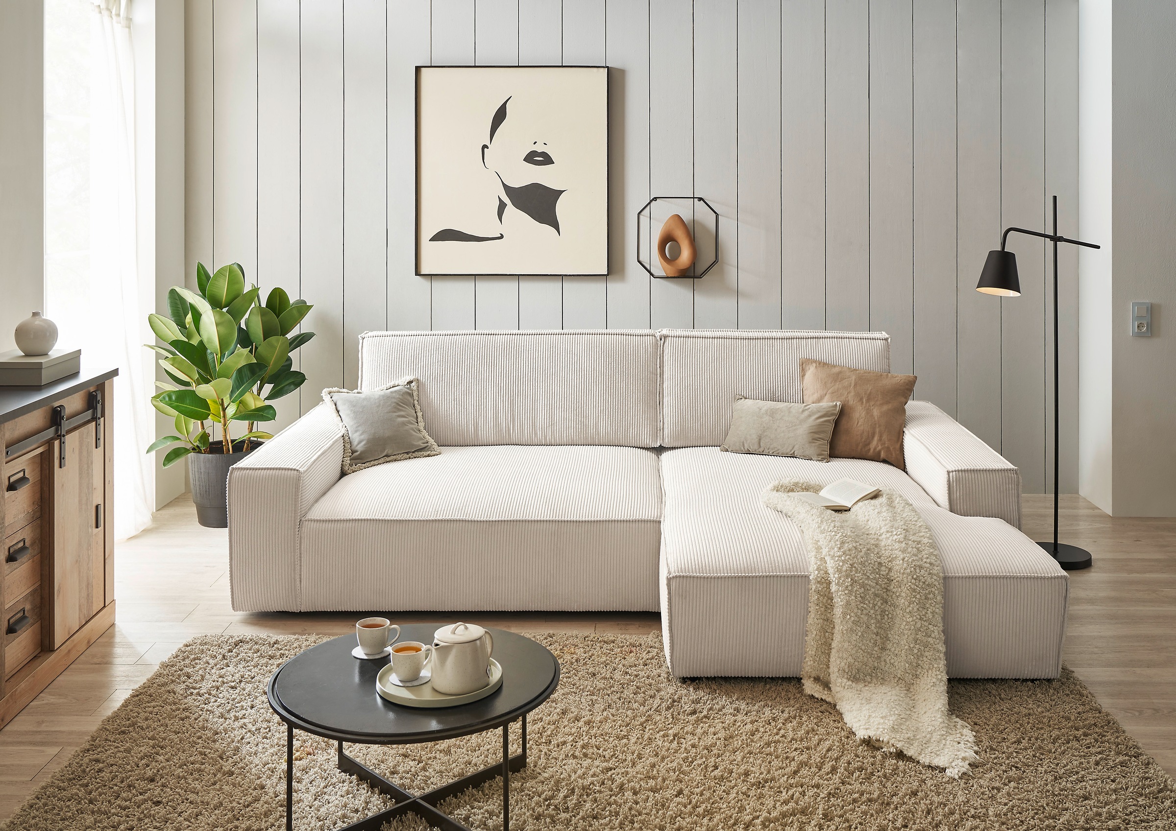 Home affaire Ecksofa »NEU: SHERWOODL XXL 284, Big-Sofa L-Form, tiefe Sitzfläche 95 cm, Cord,«, Leinenoptik, Recamiere rechts/links, auch als Schlafsofa stellbar
