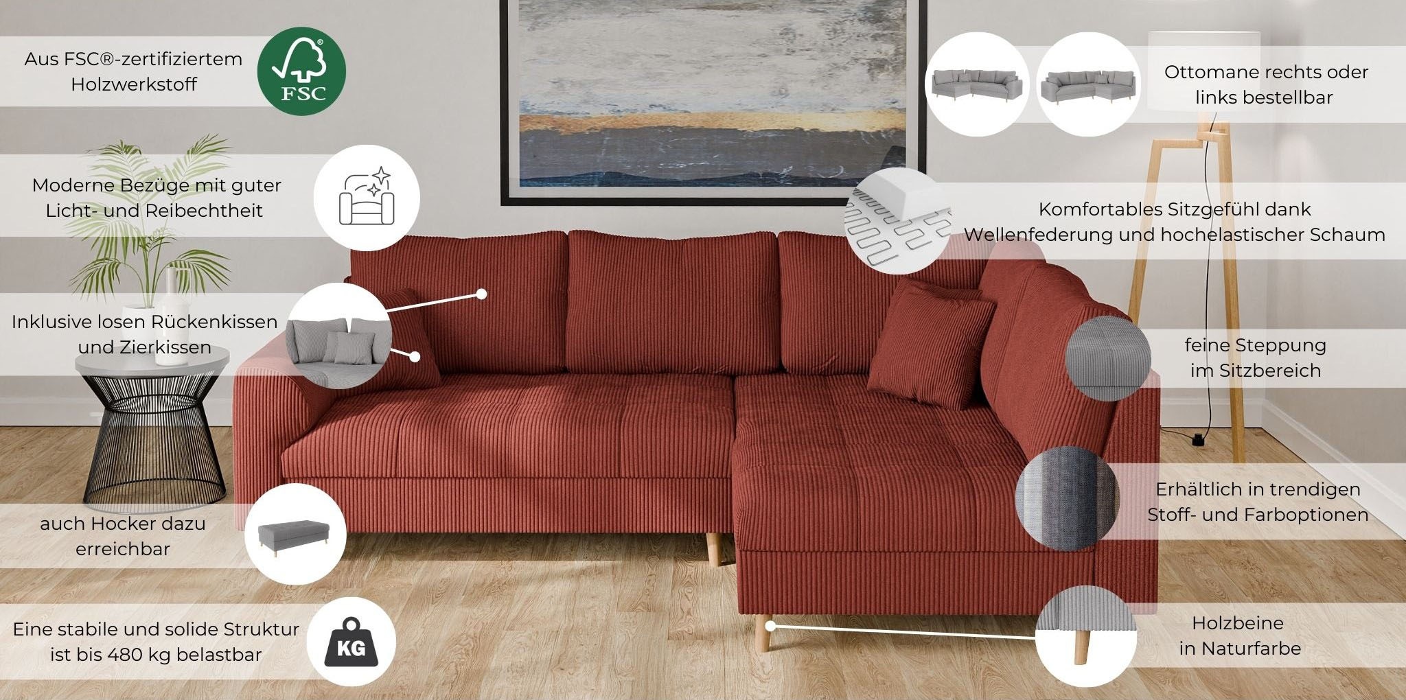 Thumbnail - Home affaire Ecksofa "CHARRE L-Form mit Ottomane, Maße B/T/H: 231/161/81 cm" feine Steppung, lose Rücken- und Zierkissen...