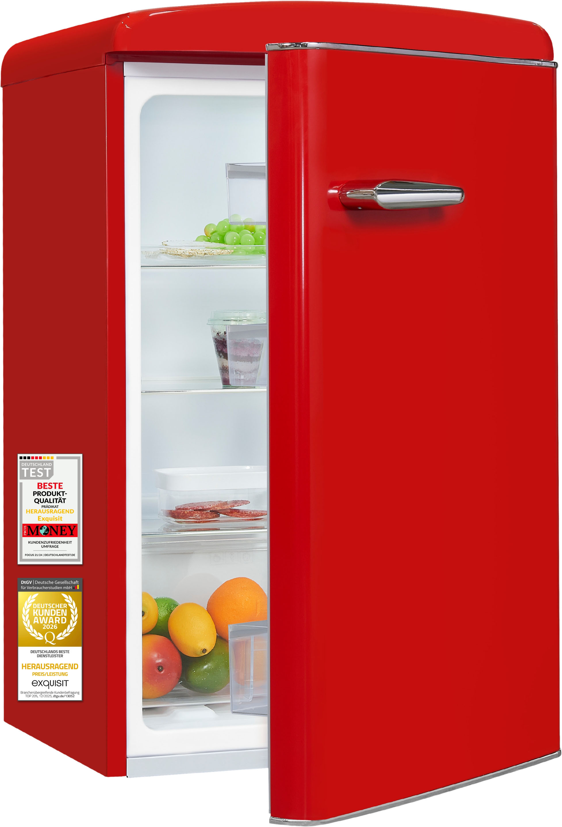 exquisit Kühlschrank "RKS120-V-H-160C rot" 89,5 cm hoch 54,5 cm breit LED-Beleuchtung, verstellbare Glasböden, Retro-Design