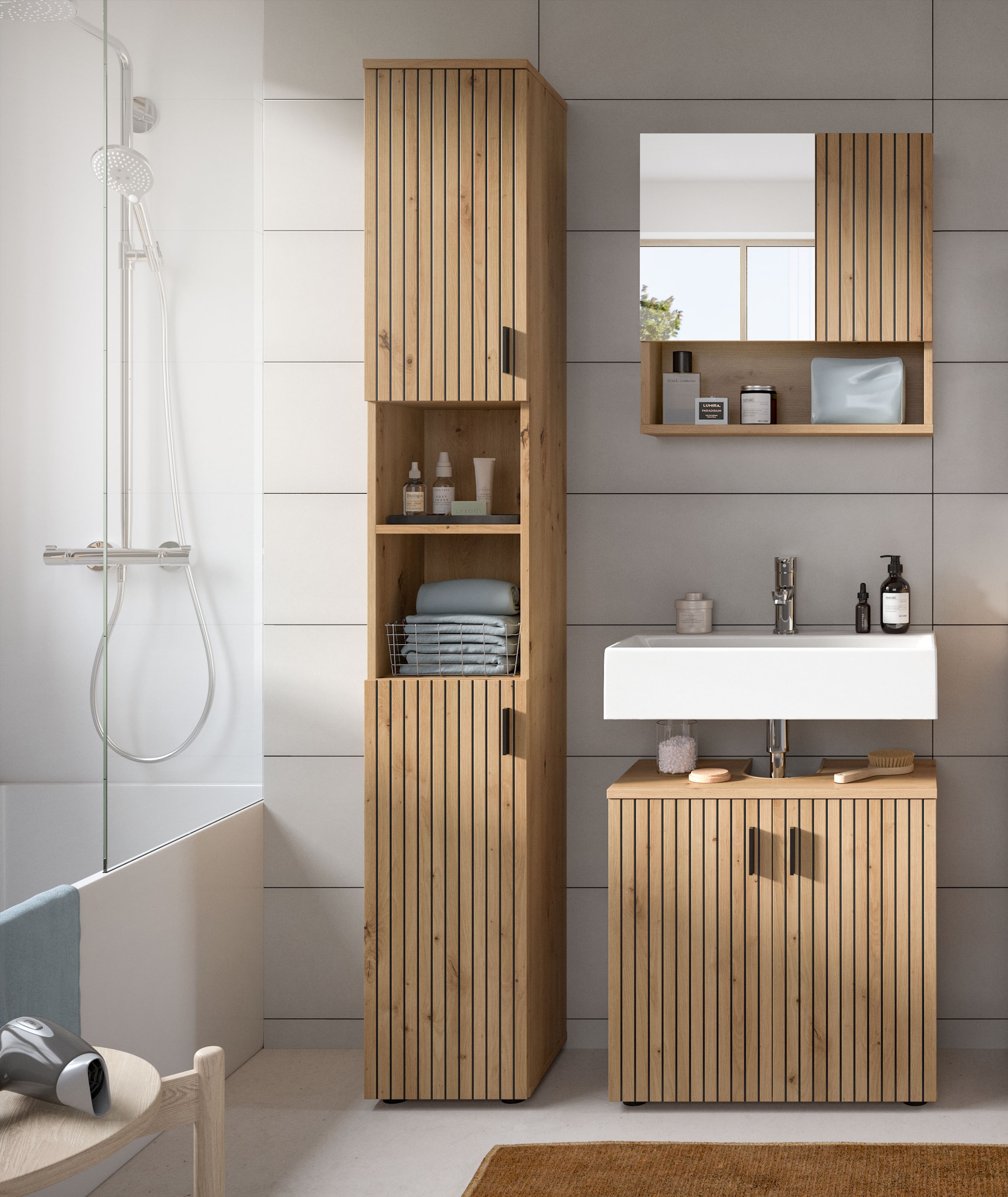 welltime Badmöbel-Set »MANI, 3-tlg. Badkombination, Paneeloptik« Set, Set, best. aus:1Badschrank, 1Waschbeckenunterschrank, 1Spiegelschrank, 3 Stk. tlg.