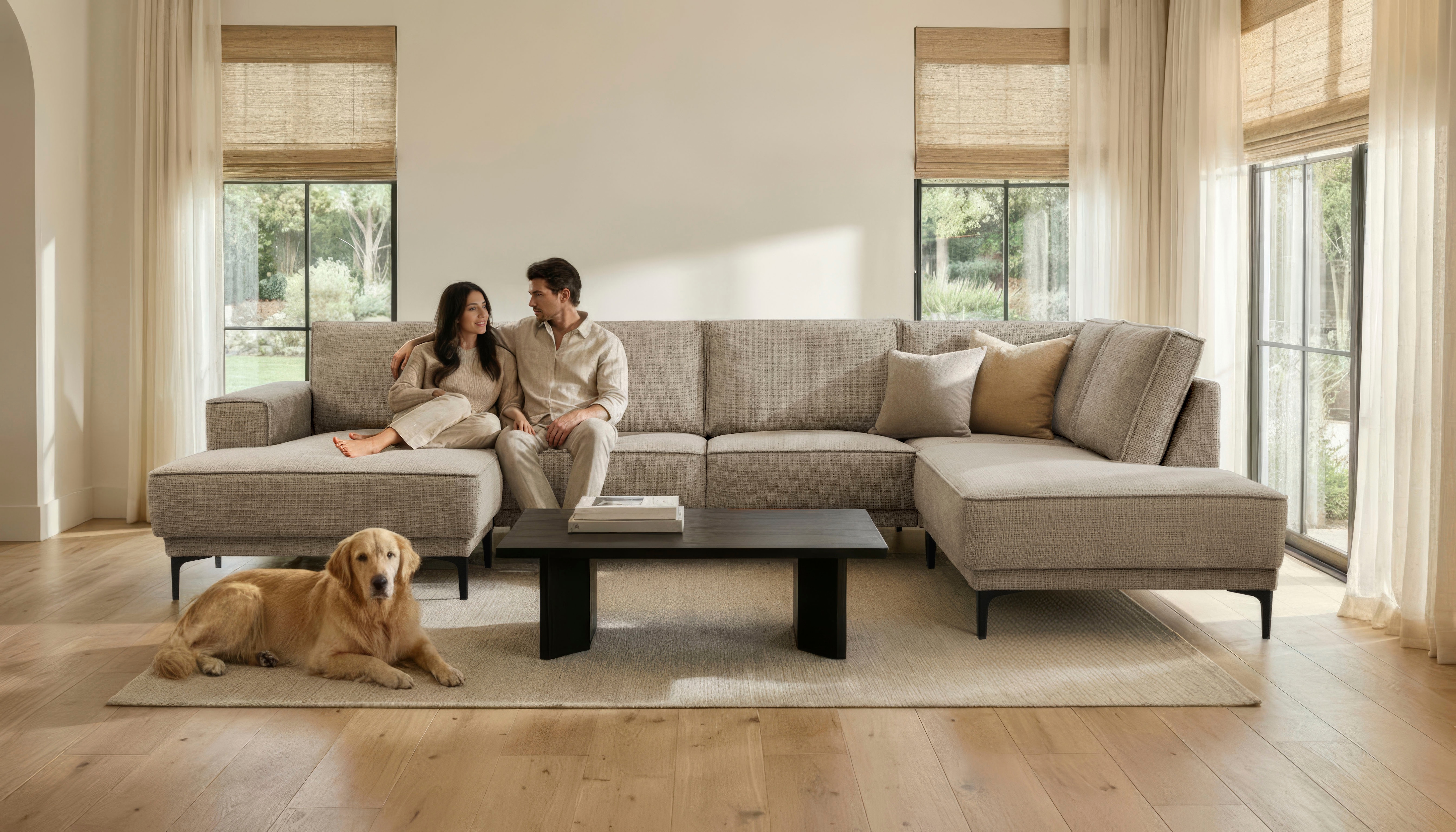 OTTO home Wohnlandschaft "OLAND Chenille U-Form, XXL, B: 345 cm, Skandi-Design" U-Form, 345 cm, Wellenunterfederung, Skandi-Design, Metallfüße