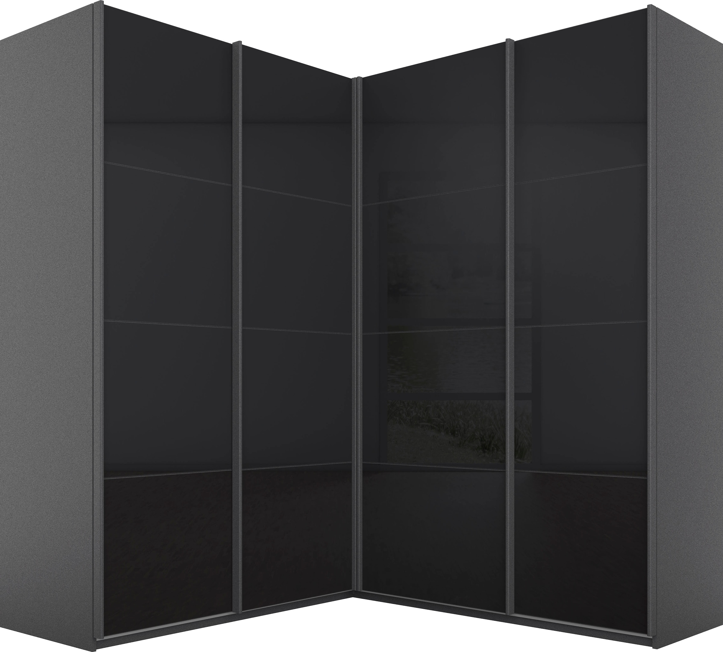 rauch Schwebetürenschrank "Kleiderschrank Garderobe Eckkleiderschrank QUADRA mit edler Glasfront" in den Höhen 210/229 cm, inkl. Soft-Close-Funktion, großer Eckschrank mit viel Stauraum, Maß 181x187 cm MADE IN GERMANY