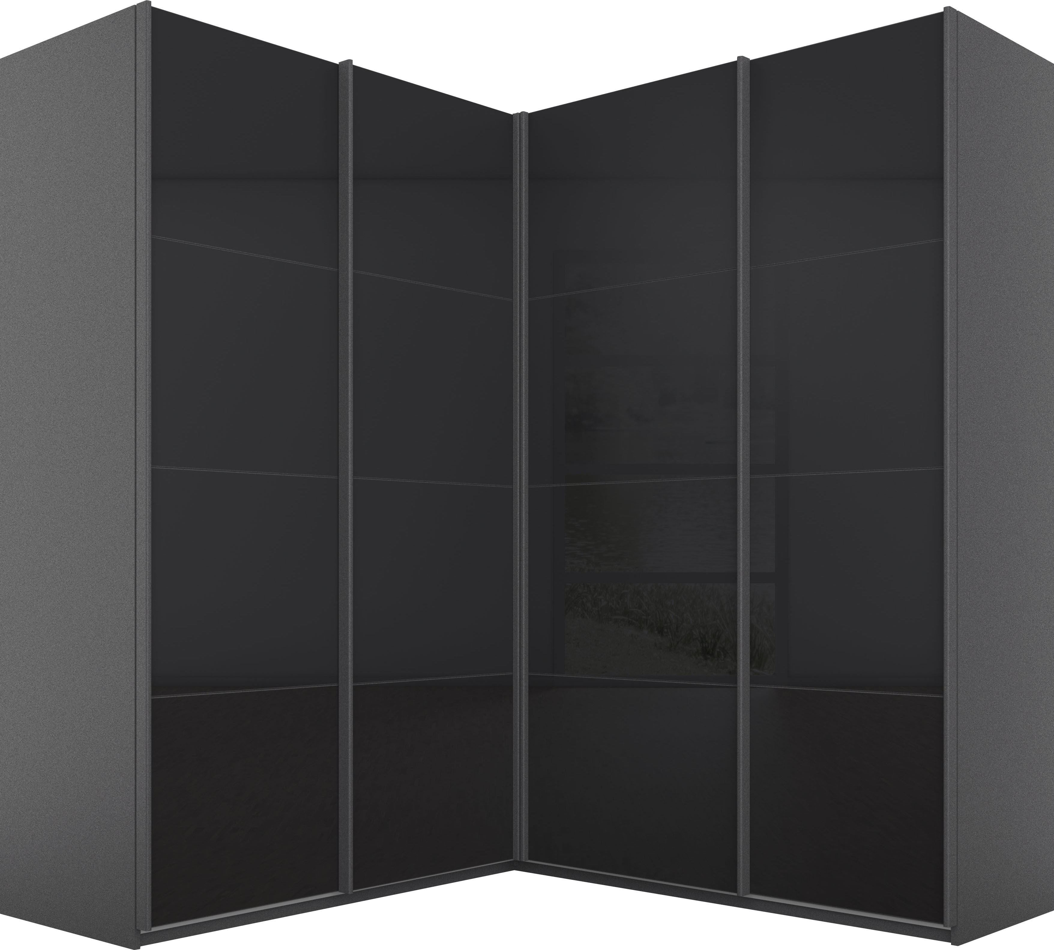 rauch Schwebetürenschrank "Kleiderschrank Garderobe Eckkleiderschrank QUADRA mit edler Glasfront" Maß 181x187 cm, Höhen 210/229 cm, inkl. Soft-Close-Funktion, extra großer Eckschrank inkl. Schubladeneinsatz MADE IN GERMANY