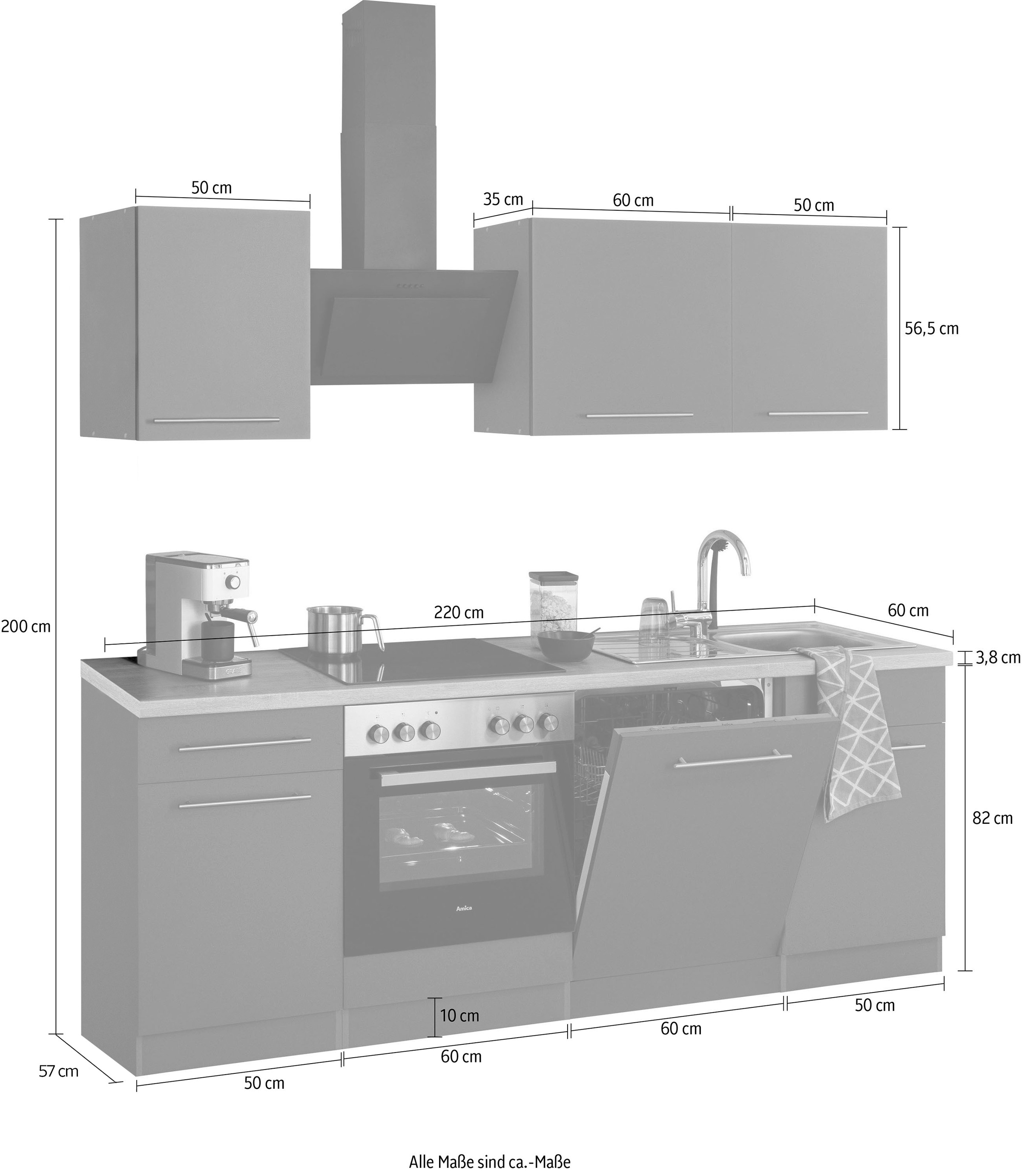 wiho Küchen Küchenzeile »Unna«, ohne E-Geräte, Breite 220 cm