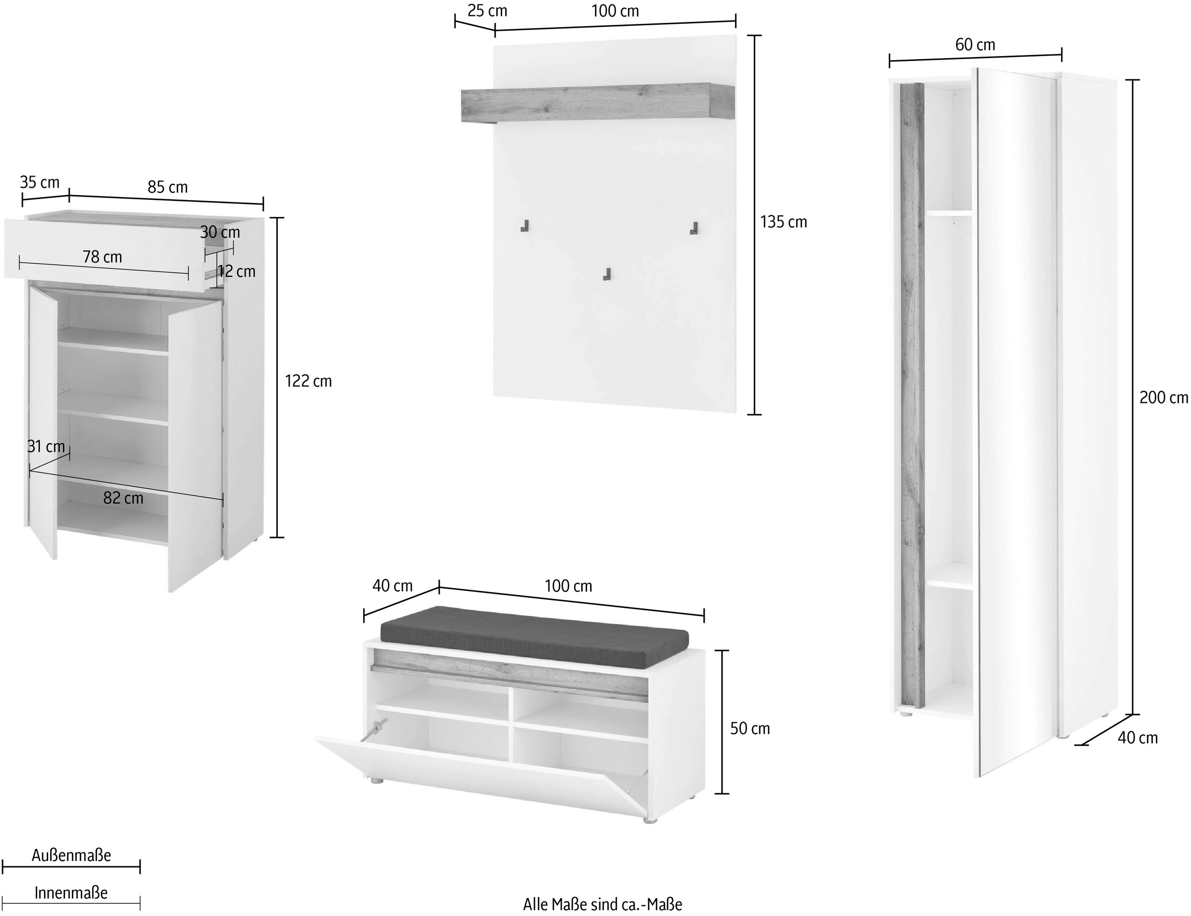 INOSIGN Garderoben-Set »City/Giron, moderne Garderobe, viel Stauraum, ca. 24 Schuhe«, (Set, 4 St.), enthält Schrank, Paneel, Schuhschrank & Garderobenbank mit Sitzkissen