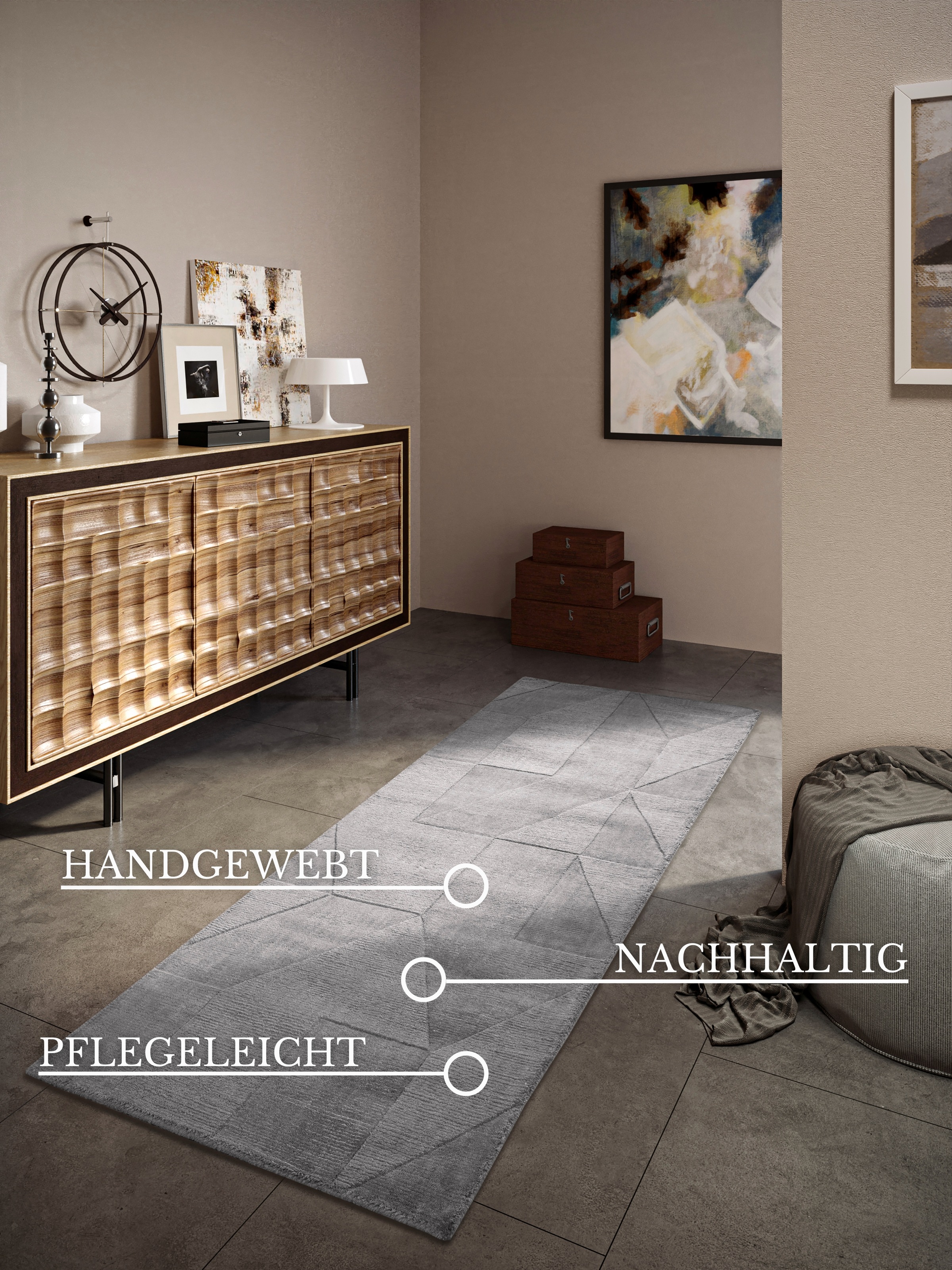 Villeroy & Boch Wollteppich »Ursule«, rechteckig, 10 mm Höhe, Läufer, handgewebt, Wolle, Natur, Wohnzimmer, Geometrie, Boho