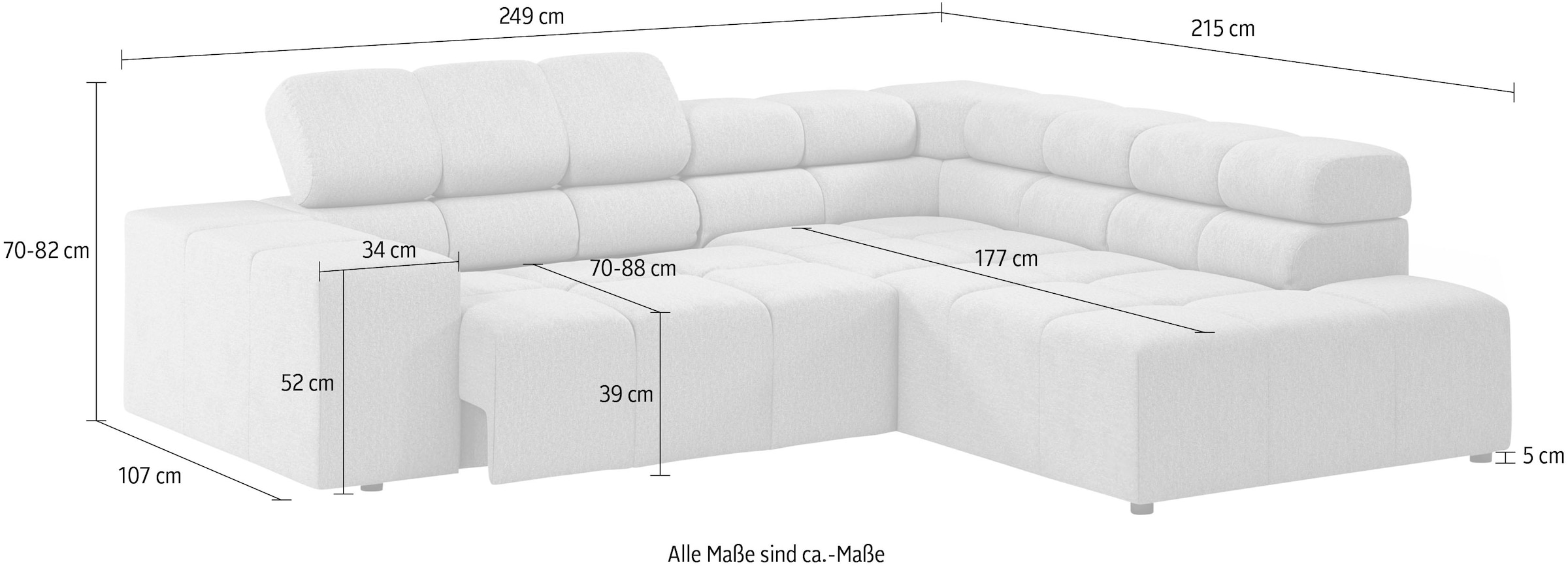 INOSIGN Ecksofa »Ancona, incl. Kopfteilverstellung + 3 Zierkissen, L-Form, bequem«, wahlweise motorische Sitztiefenverstellung, B/T(H: 249/215/70 cm