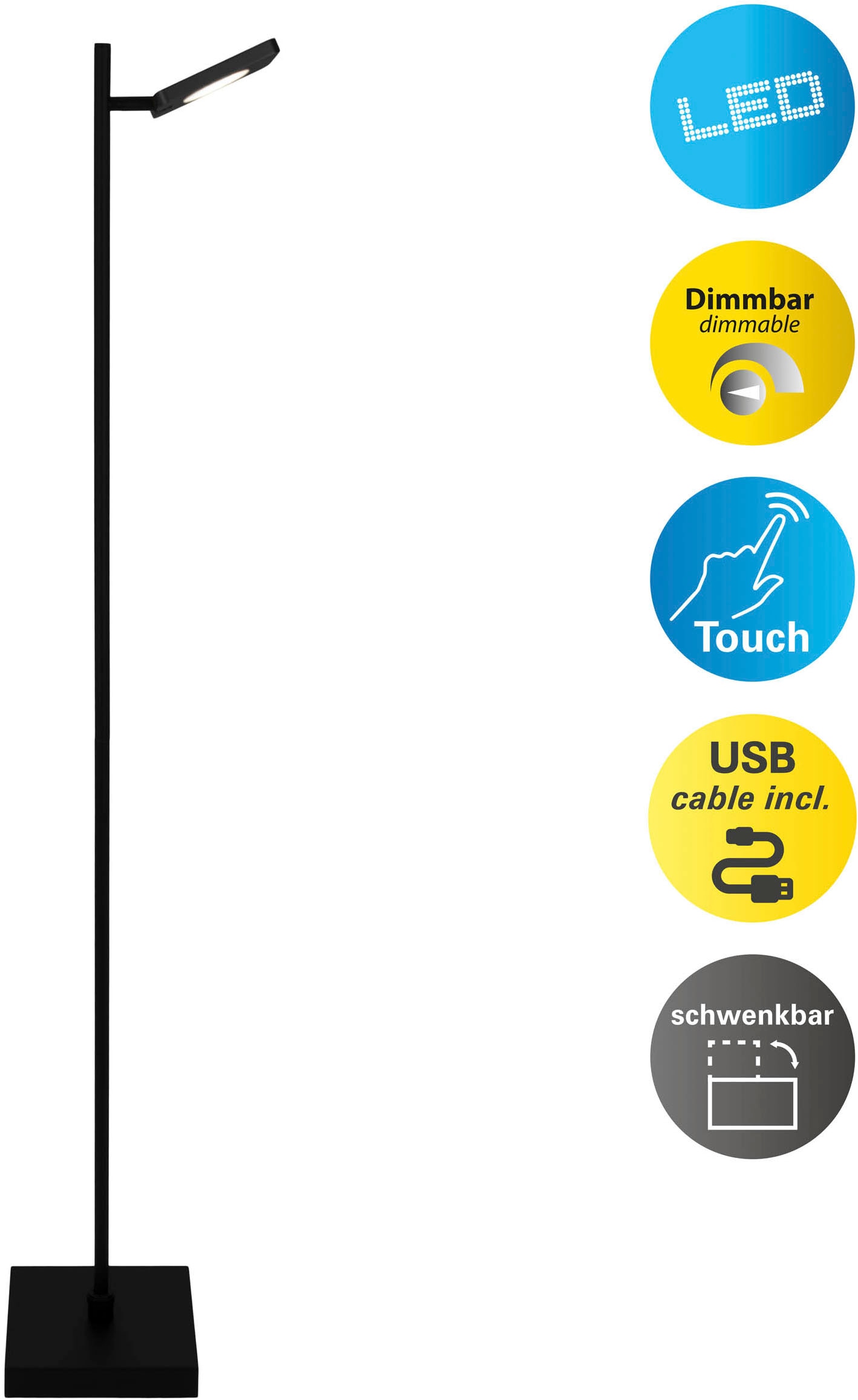 NÄVE LED Stehlampe "Lupa", 1, H: 135cm, 1 Stk., schwarz, Wohnzimmer, Leuchten, Akkuleuchte, USB-C Kabel, schwarz, dimmbar(Touch), Schirm drehbar