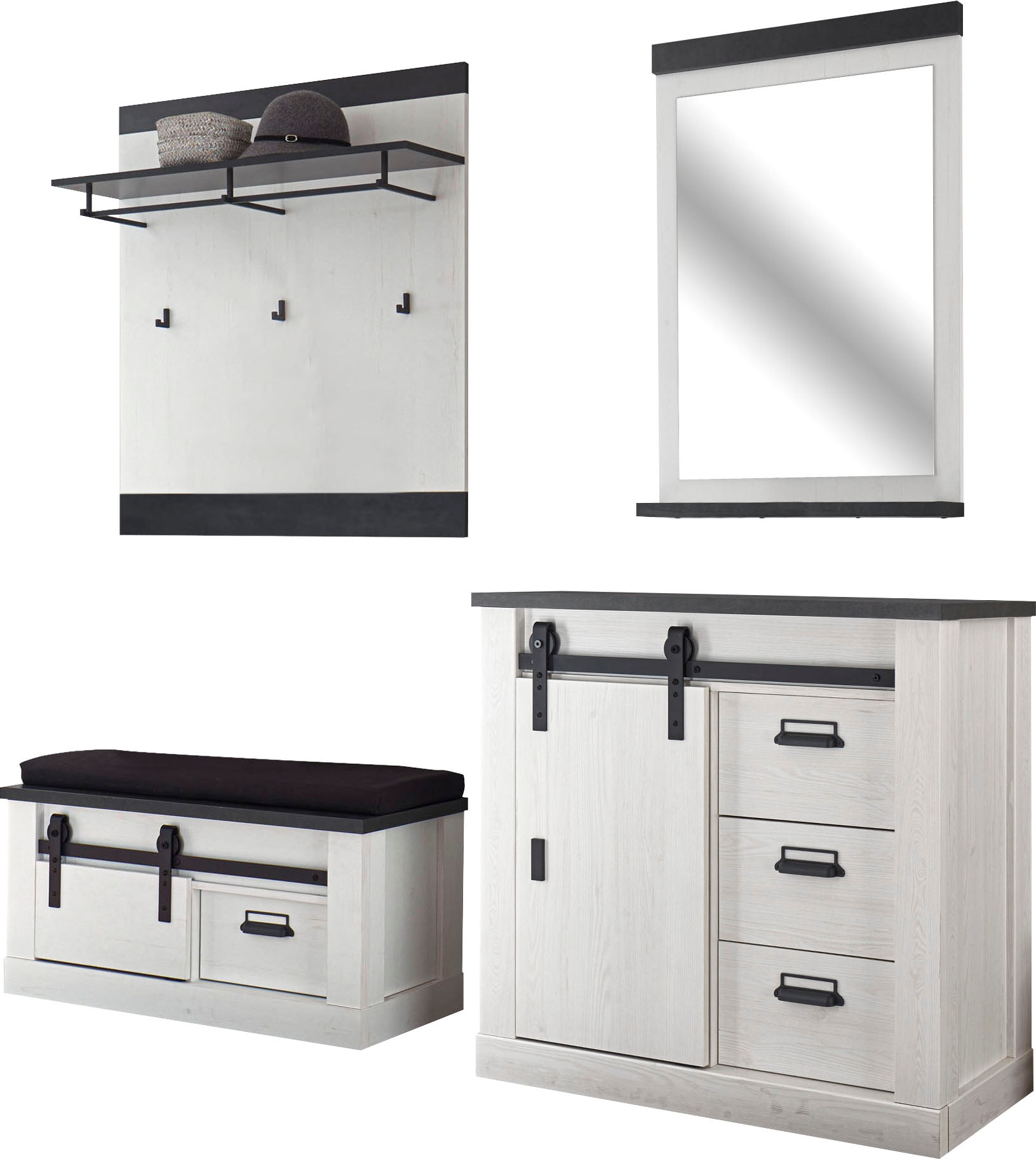 Home affaire Garderoben-Set "Sherwood, Garderobe im Industrial-Style, Komplettset mit viel Stauraum" 4 Stk. tlg.