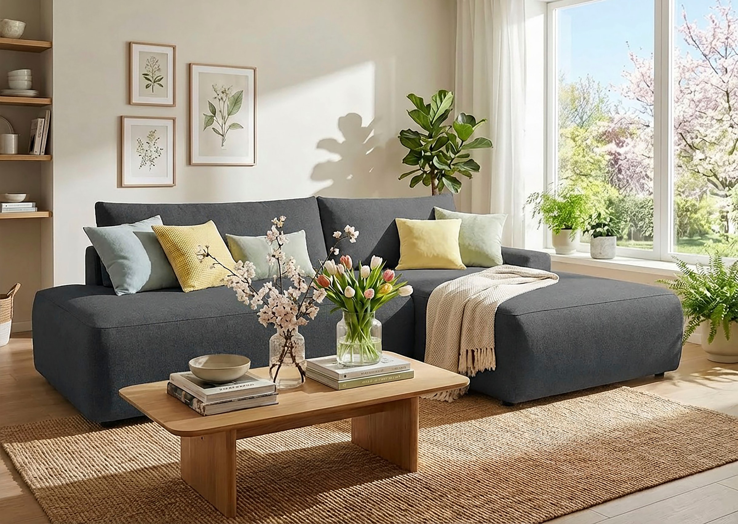 TRENDMANUFAKTUR Ecksofa "Prag, Schlafsofa mit Bettkasten, Couch in L-Form, Breite 253 cm" in feinem Strukturstoff, anthrazit, Recamiere rechts
