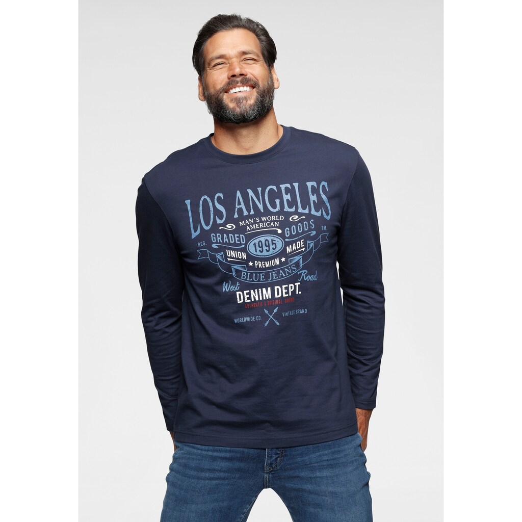 Herrenmode Shirts Man's World Langarmshirt, Mit großem Schriftprint marine Herrenmode Shirts Man's World Langarmshirt, Mit großem Schriftprint marine