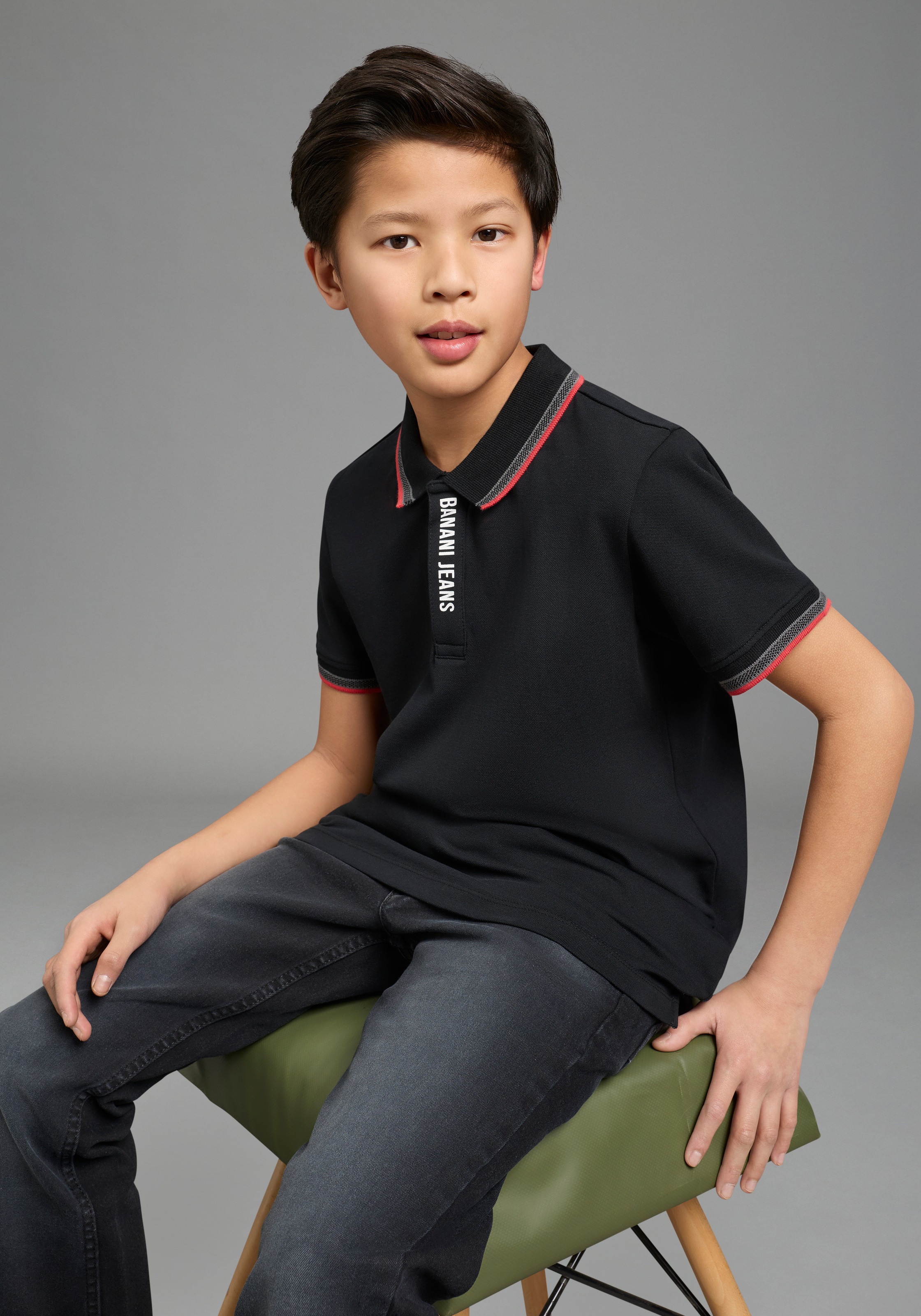 BRUNO BANANI Mädchen Poloshirt "Piqué-Shirt mit Logo-Print"schwarz, Gr. 176, bedruckt, Piqué, Obermaterial: 95% Baumwolle, 5% Elasthan, Shirts,