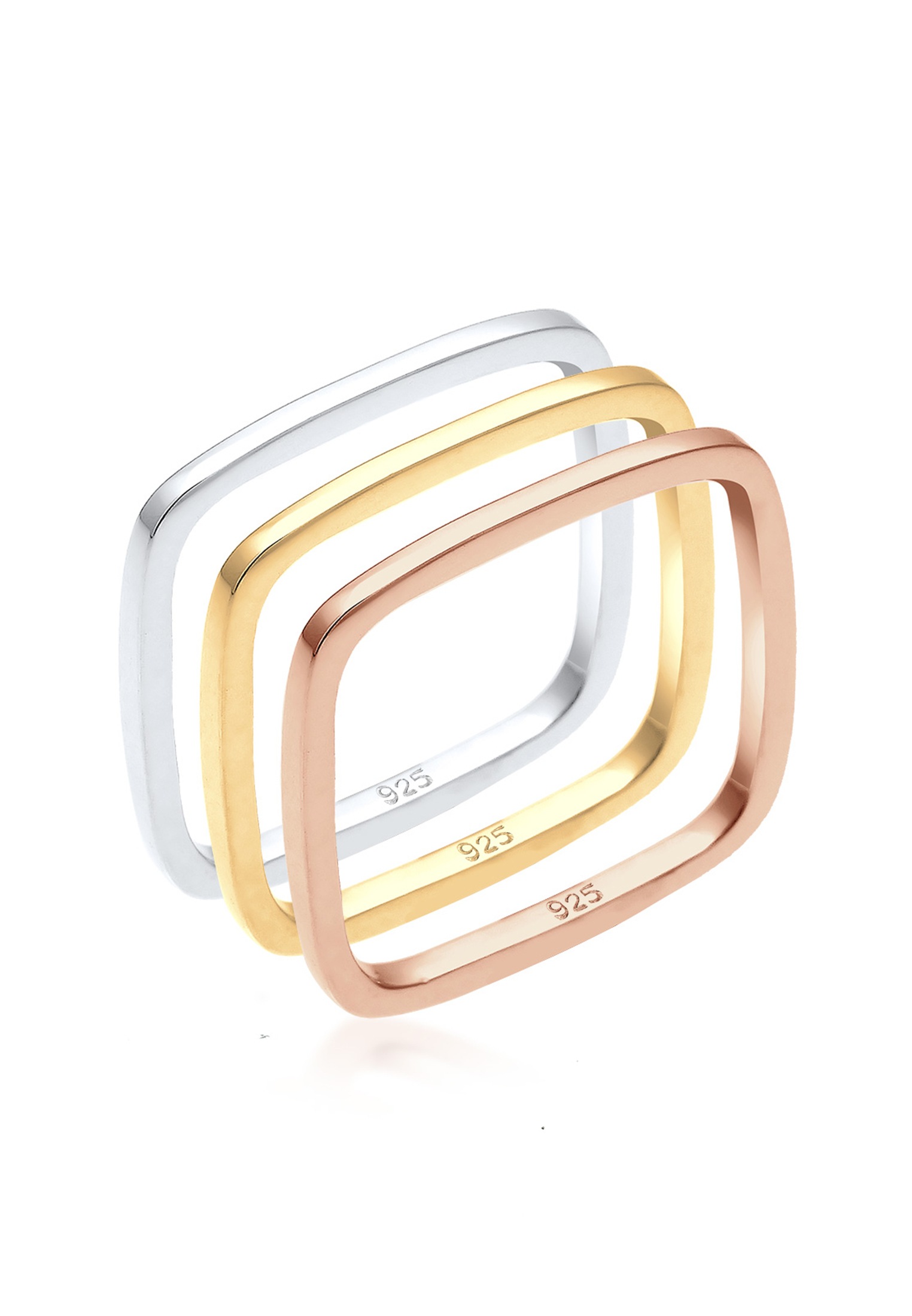 Ring-Set ELLI "Tri-Color Statement Viereck Set 925 Silber vergoldet" Gr. 56, silber, Fingerringe, Damen, 56mm, ohne Stein, Silber 925 (Sterlingsilber), 1,5mm