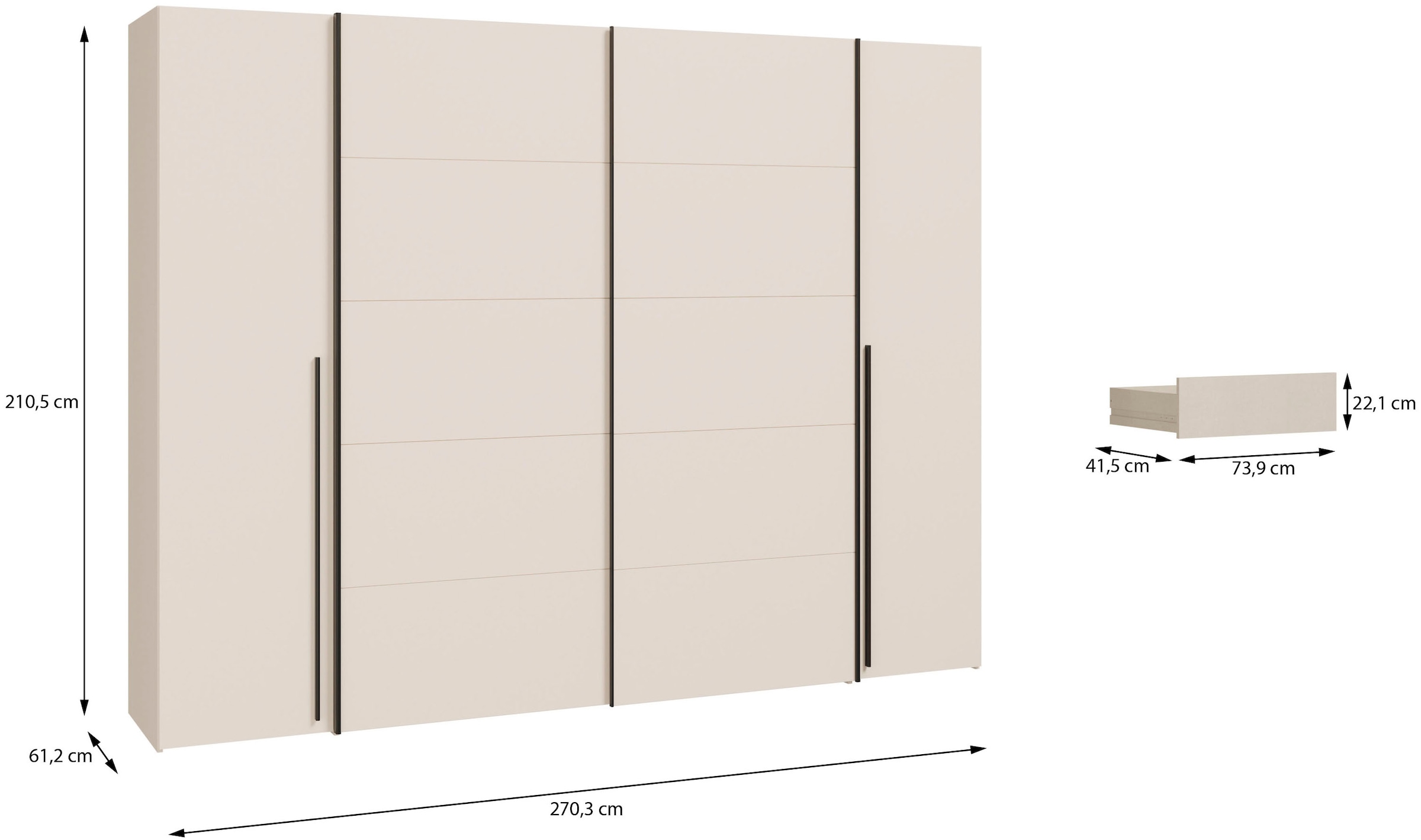 FORTE Dreh-/Schwebetürenschrank »Narago, OTTOs Choice, TOPSELLER, mittlere Paneele farblich wechselbar« B/H/T ca. 270x210X61cm, Farbe Weiß auch mit Spiegeln erhältlich,  gestalte die Schwebetüren einfarbig oder 2 farbig, Made in Europe