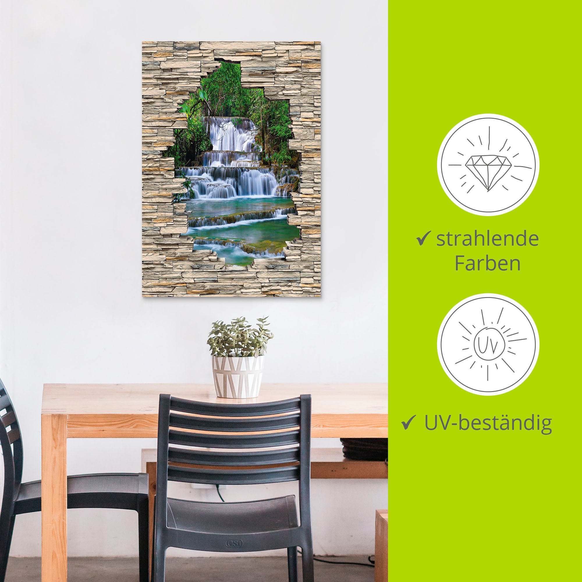 Artland Wandbild »Tiefen Wald Wasserfall Stein Mauer Blick«, Wasserfallbilder, (1 St.), als Alubild, Outdoorbild, Wandaufkleber in verschied. Größen