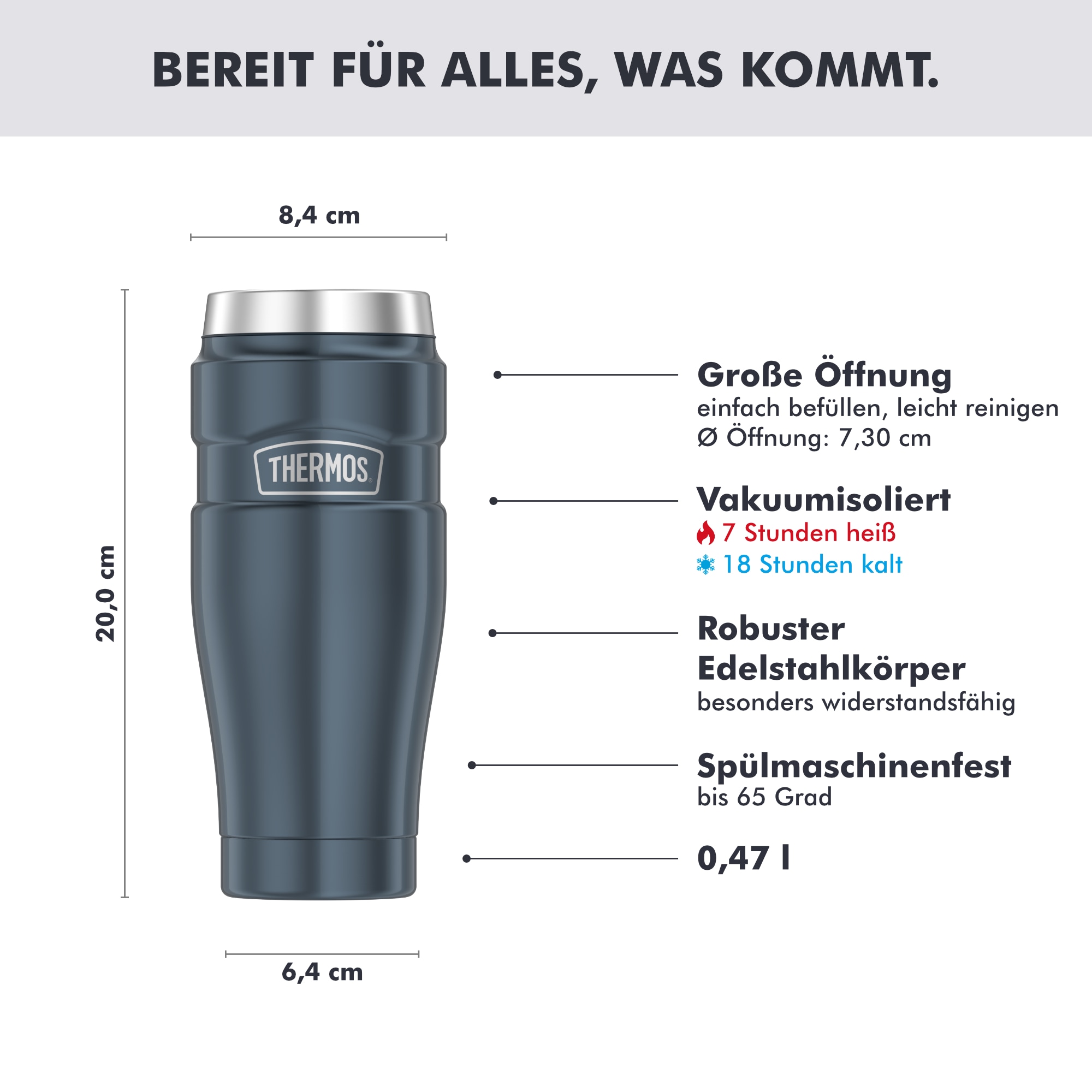 THERMOS Thermobecher »STAINLESS KING MUG, doppelwandiger Edelstahl, spülmaschinenfest« 0,47l, 7h heiß & 18h kalt, absolut dicht, DrinkLock – Verschlusssystem