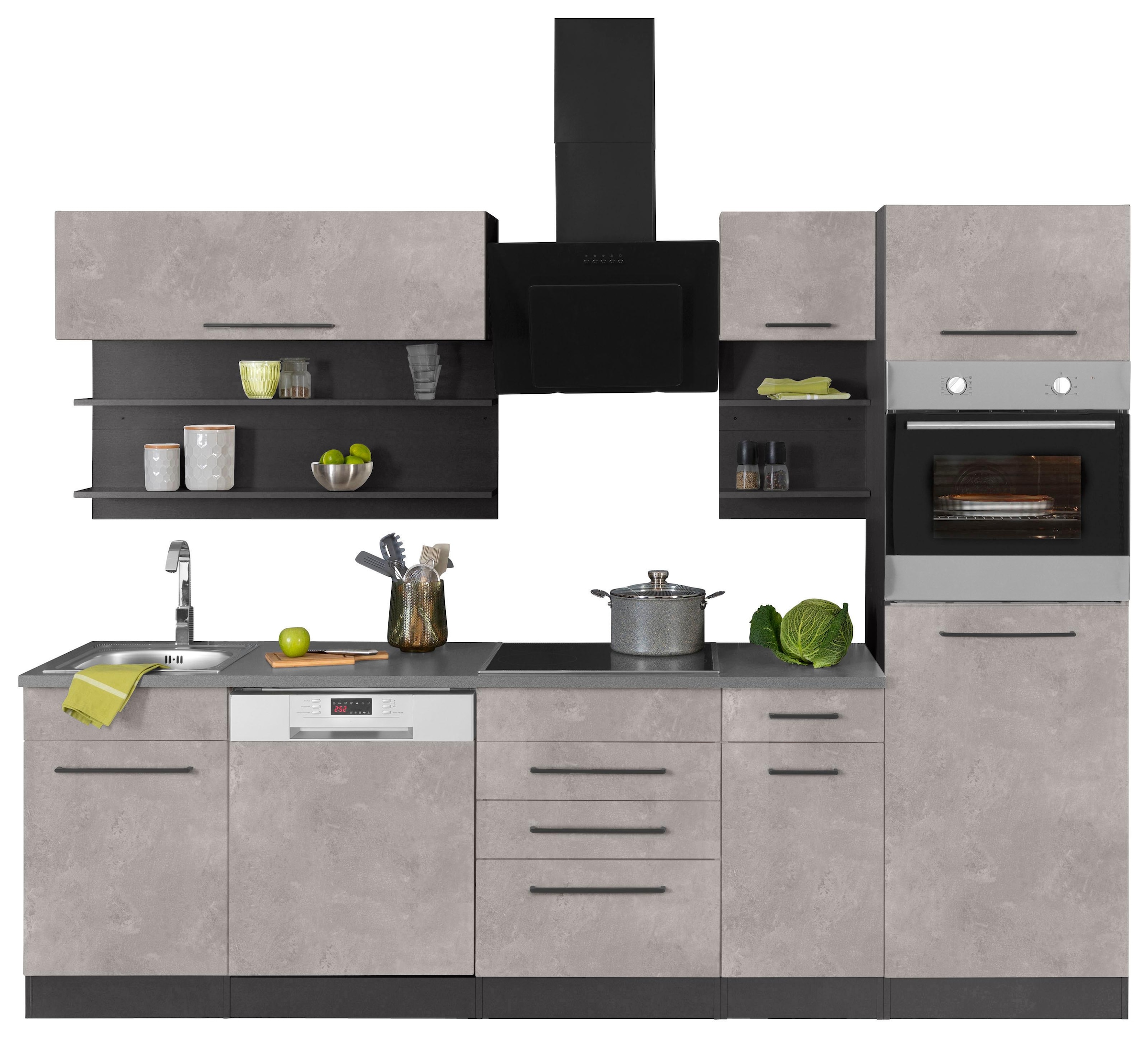 KOCHSTATION Küchenzeile »KS-Tulsa«, mit E-Geräten, Breite 270 cm, schwarze Metallgriffe, MDF Fronten