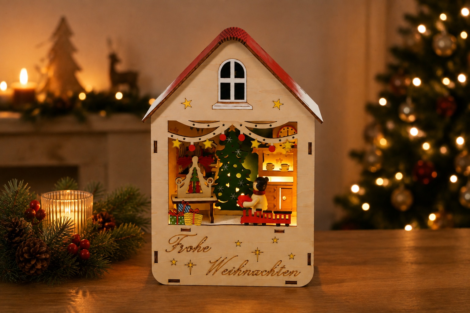 OTTO home Weihnachtsszene »1 Stück, Deko mit weihnachtlichem Motiv und LED-Beleuchtung« 6h-Timerfunktion, gratis Anhänger, Batterie, Höhe 21,5 cm