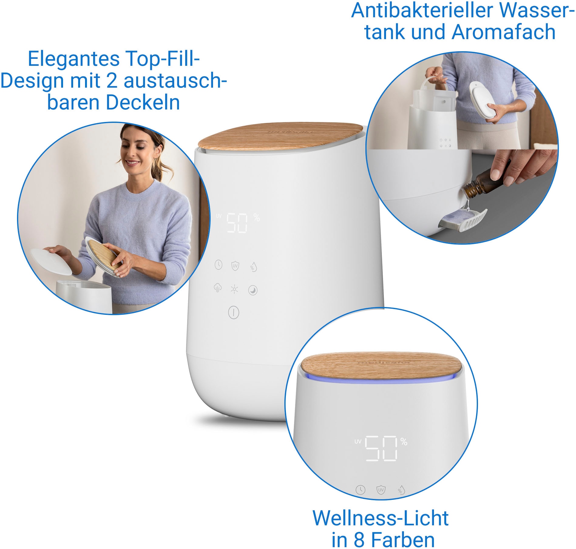 Medisana Luftbefeuchter »AH 680«, 2,6 l Wassertank, 3-in-1: mit Luftfeuchtigkeitssensor, antibakteriellem Tank, Aromafach