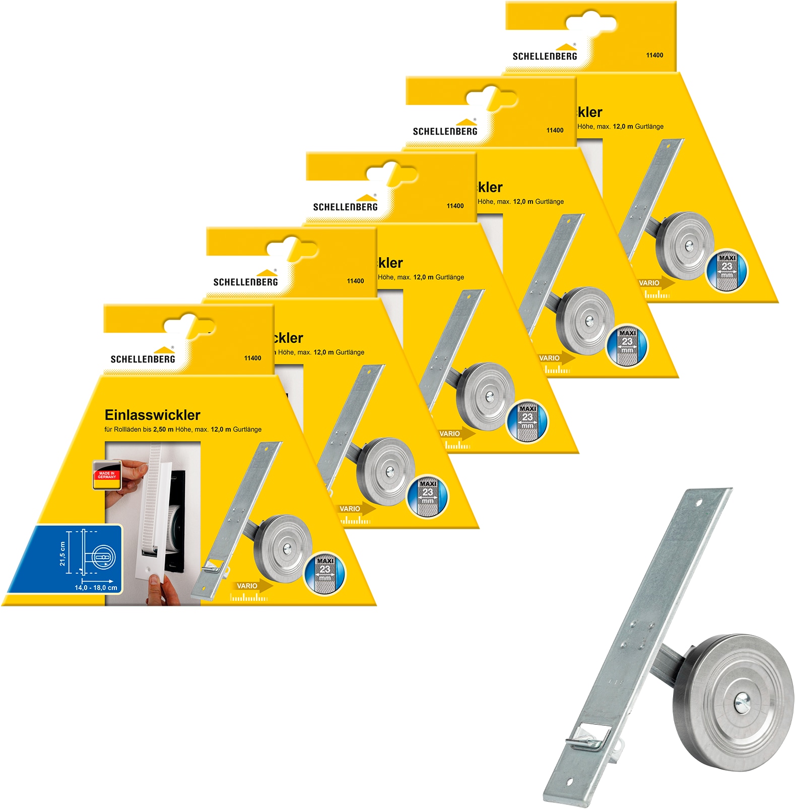 SCHELLENBERG Einlass-Gurtwickler "für das Rollladensystem Maxi, Lochabstand 21,5 cm, Unterputz-Montage" Set, 5 Stk. tlg. für Rollladengurte mit 23 mm Breite