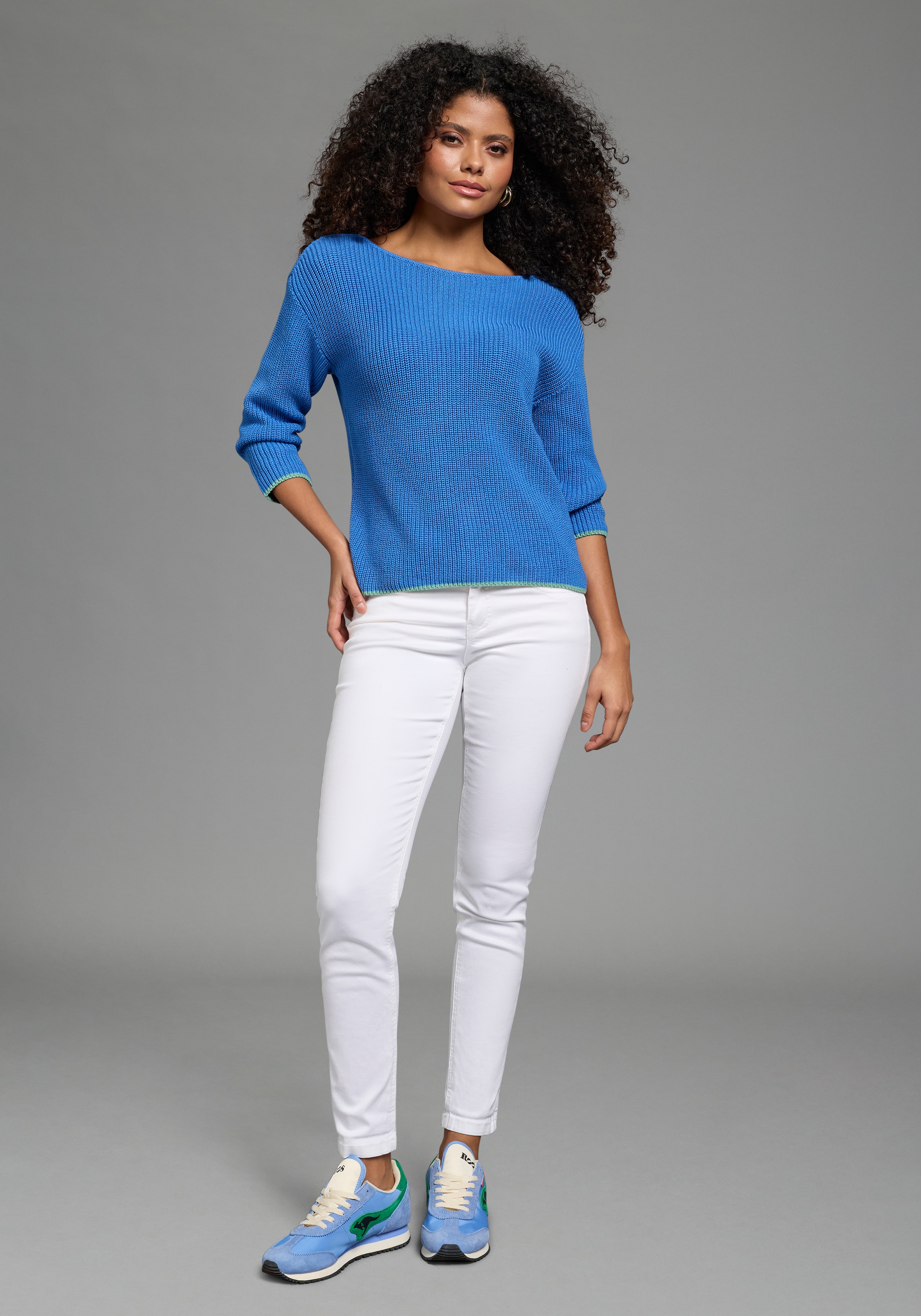 Laura Scott Strickpullover mit Streifenmuster, seitlichem Schlitz und Brusttasche