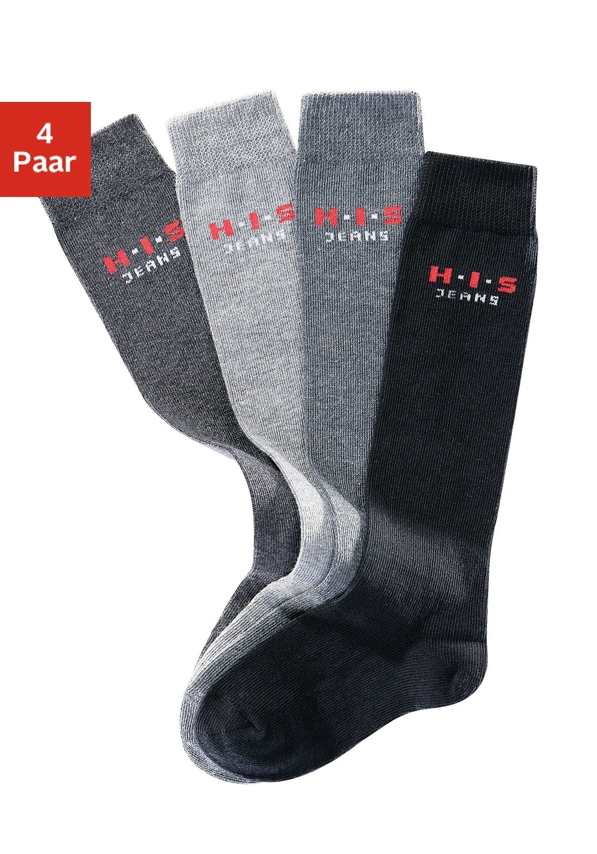 H.I.S Kniestrümpfe "Kinder Damen Herren Kniestrümpfe natürliche Baumwolle" Packung, 4 Paar tlg. mit verstärkten Belastungszonen