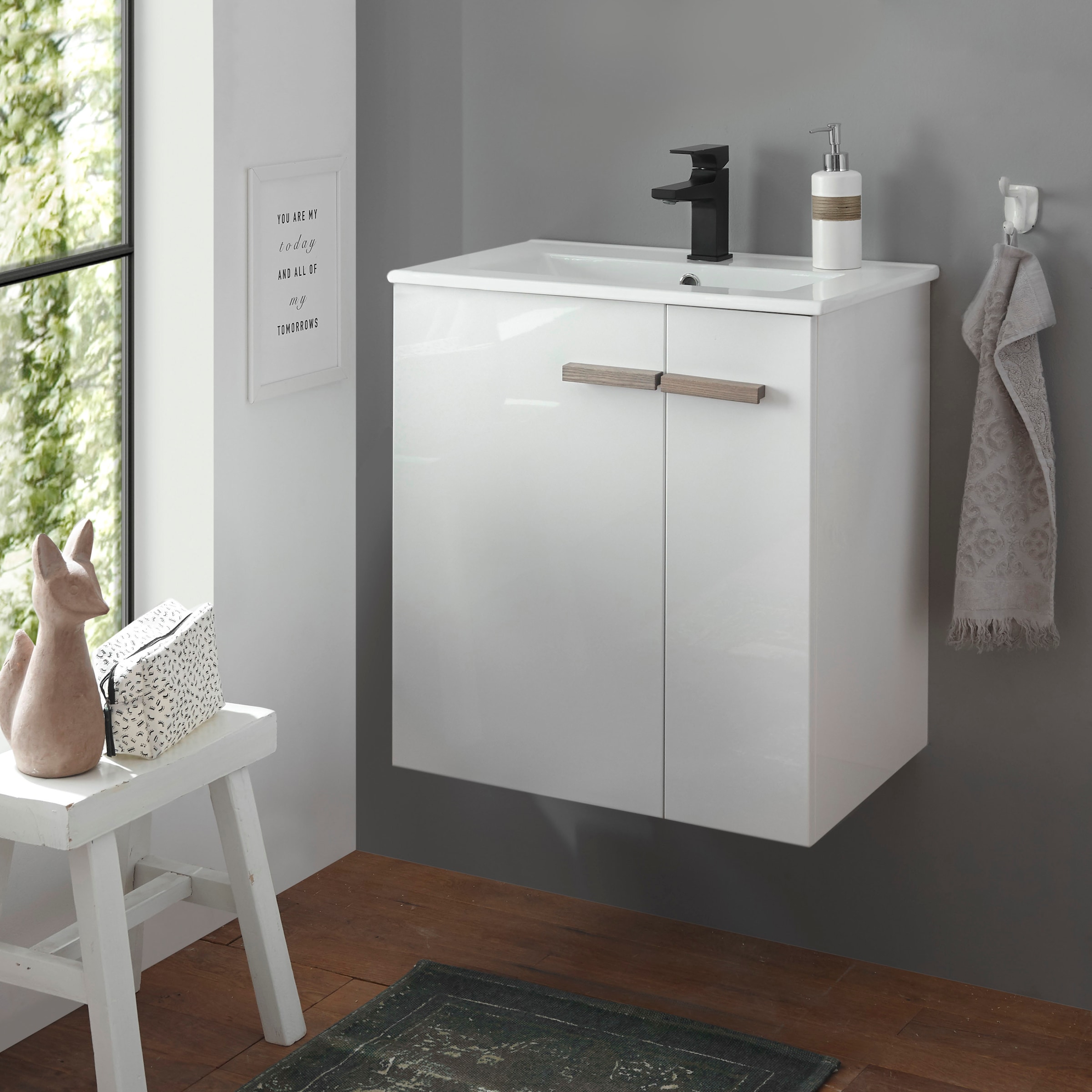 Places of Style Waschtisch »SOLiD, Unterschrank inkl. Waschbecken, Badschrank mit Holzgriffe«, in zwei Farben verfügbar, inkl. Waschbecken, Breite 60 cm