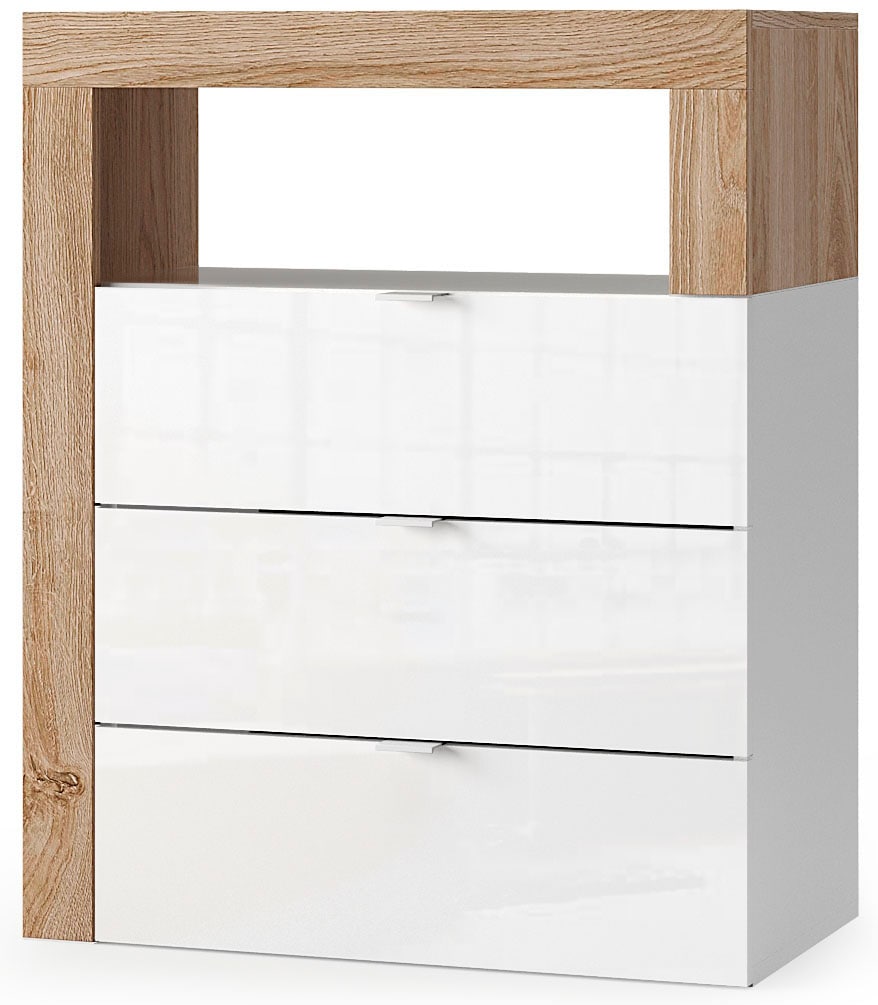 welltime Unterschrank "Hamburg Höhe 78 cm, Breite 64 cm, Badkommode mit 3 Schübkästen," Badezimmerschrank, dekorativer Rahmen, offenes Fach, Metallgriffe