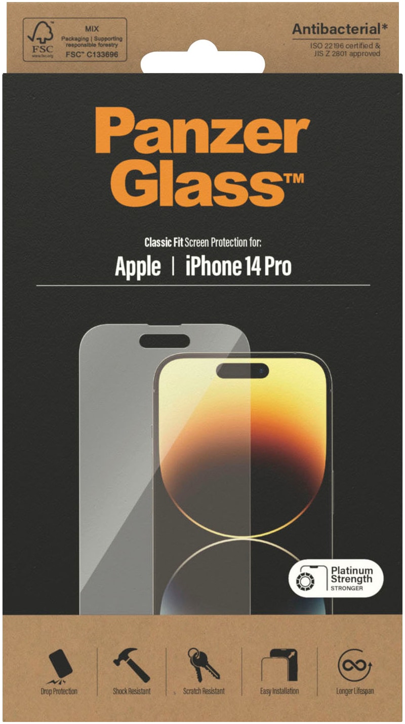 PanzerGlass Displayschutzglas »Displayschutz Apple iPhone 14 Pro«, für iPhone 14 Pro, (1 St.), Kratz-& Stoßfest, Antibakteriell, Berührungsempfindlich