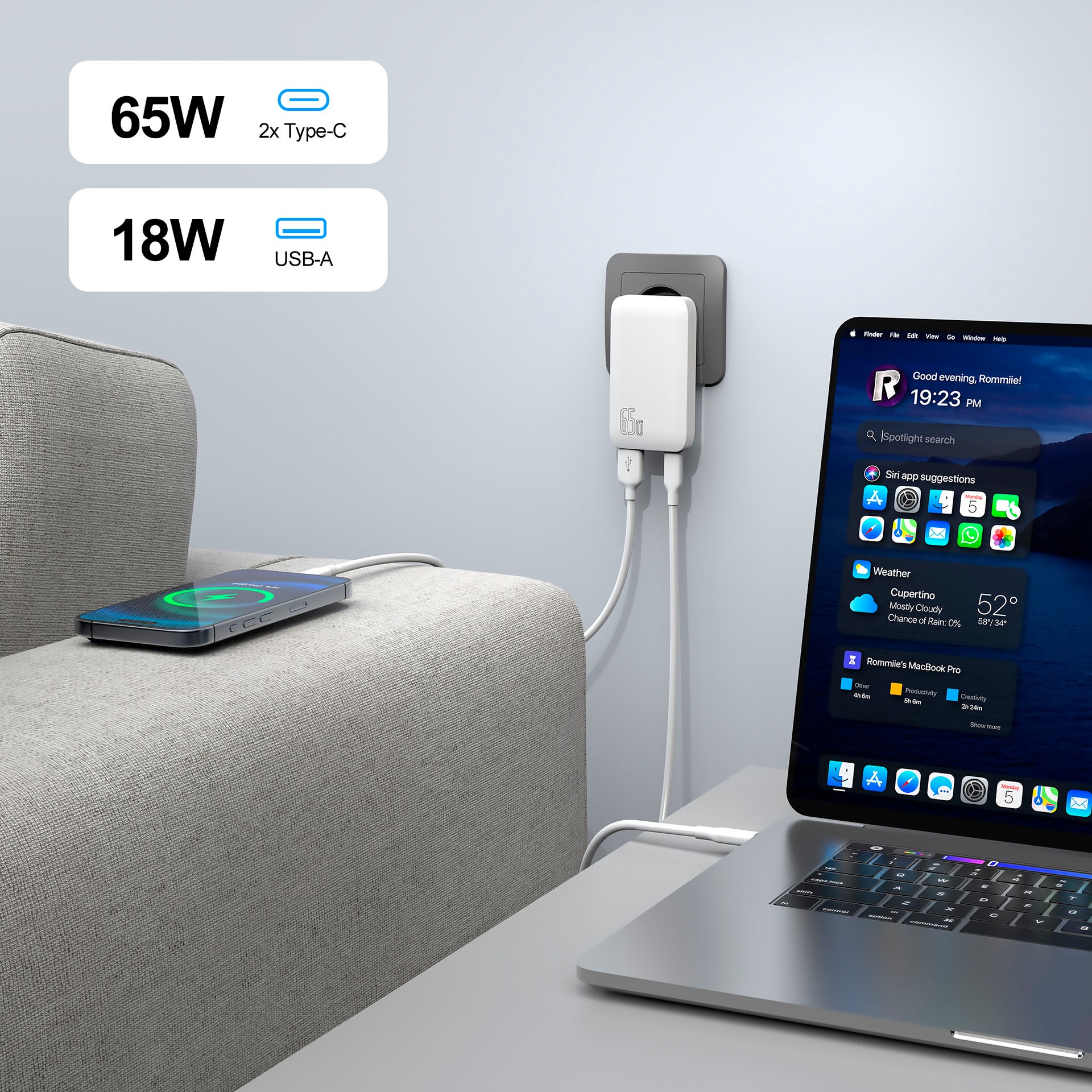 felixx USB-Ladegerät »65W GaN PD SLIM Reiselader 1xUSBA/2xTypC/100W PD Kabel«, Ladegerät, Lader, Charger, Reiseladegerät