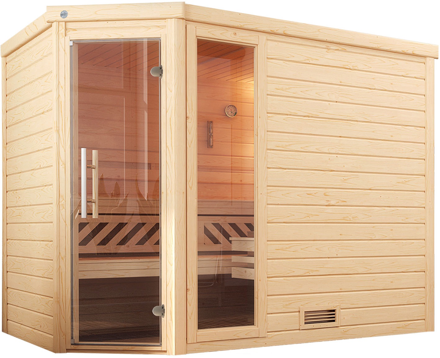 weka Sauna "Massivholzsauna TURKU 3", Blockbohlen, Fensterelement, moderne Ganzglastür