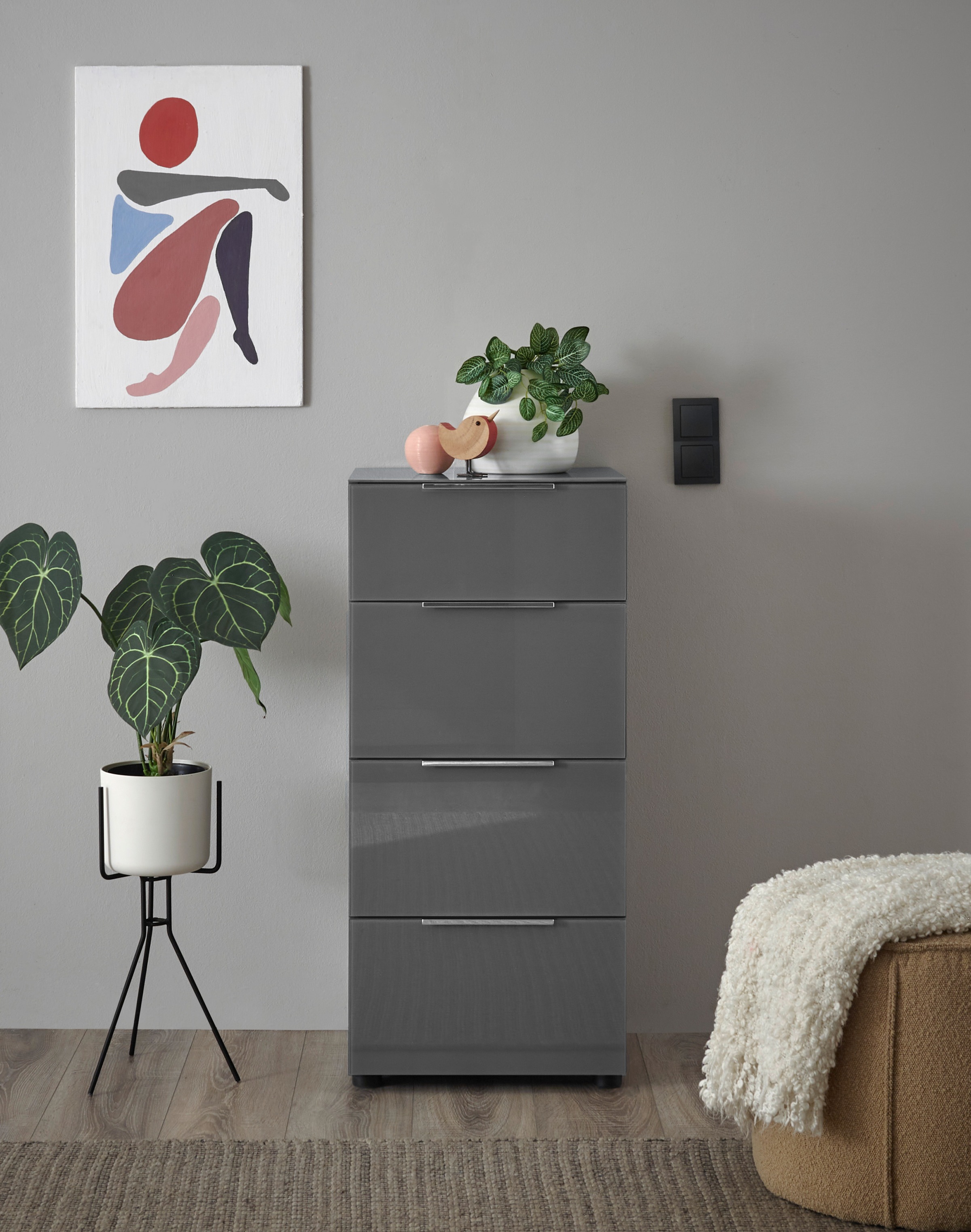 HBZ Kommode »Santorin Mehrzweckschrank mit Schubkästen, BxHxT 45x99x40 cm«, (1 St.), Mit 4 Schubkästen mit Softclose, Glasfront und Glasoberboden
