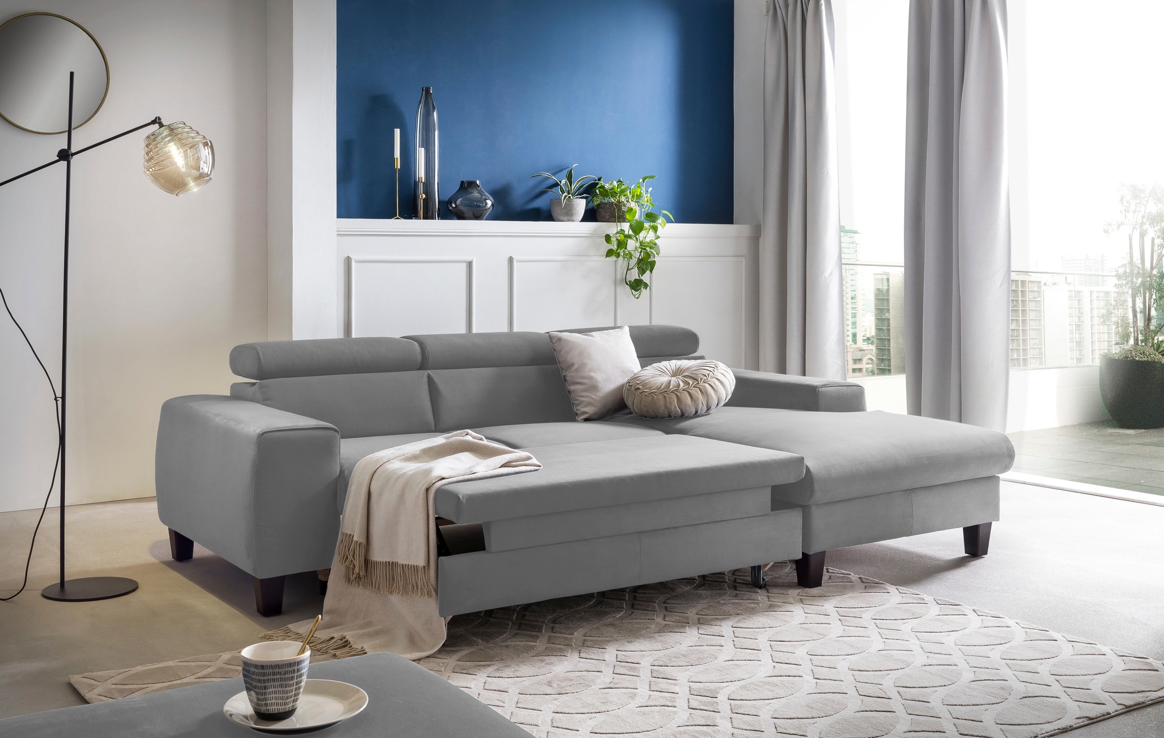 COTTA Ecksofa »Morven L-Form mit Kopfteilverstellung«, wahlweise mit Bettfunktion, Bettkasten & Wireless-Charger