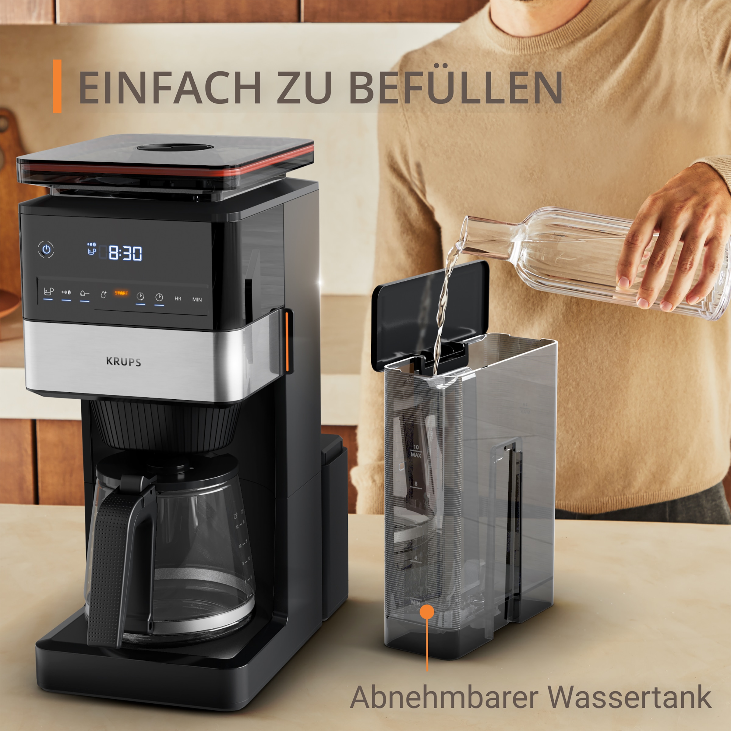 Krups Filterkaffeemaschine »KM8428 Grind Aroma XL«, 1,5 l Kaffeekanne, Papierfilter-Permanentfilter, 1x4, Kegelmahlwerk, digitales Bedienfeld, 1,5 l, 2 h Warmhaltefunktion