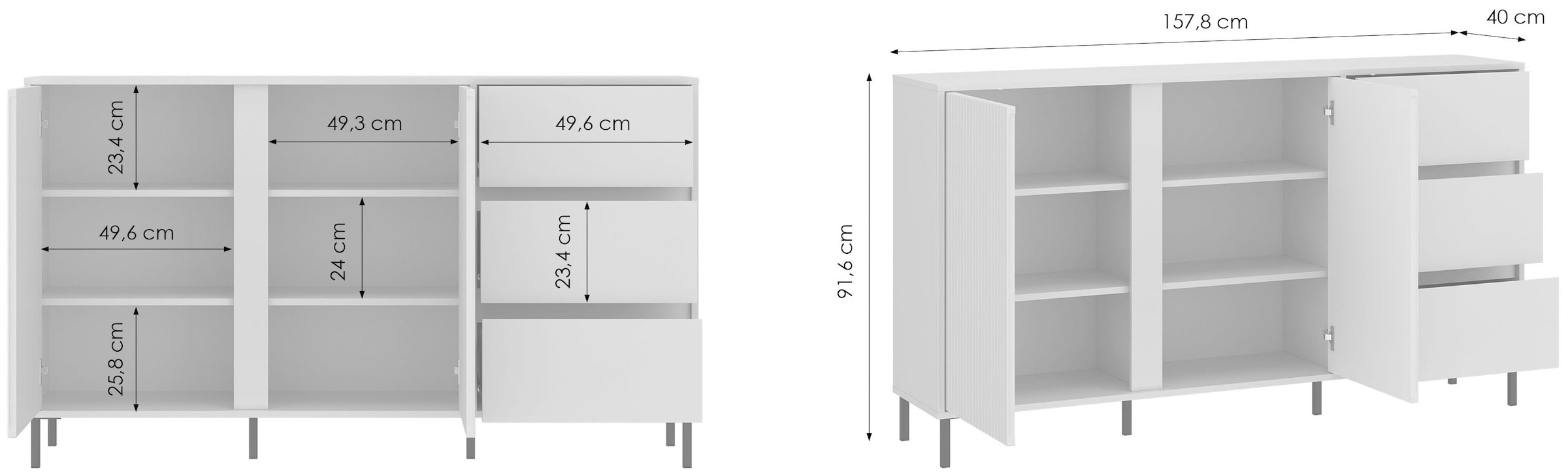 Home affaire Sideboard »viel Stauraum, Soft Close, 2 Türen und 3 Schubkasten« mit Metallfüßen, Breite 158 cm, grifflos, Fronten geriffelt