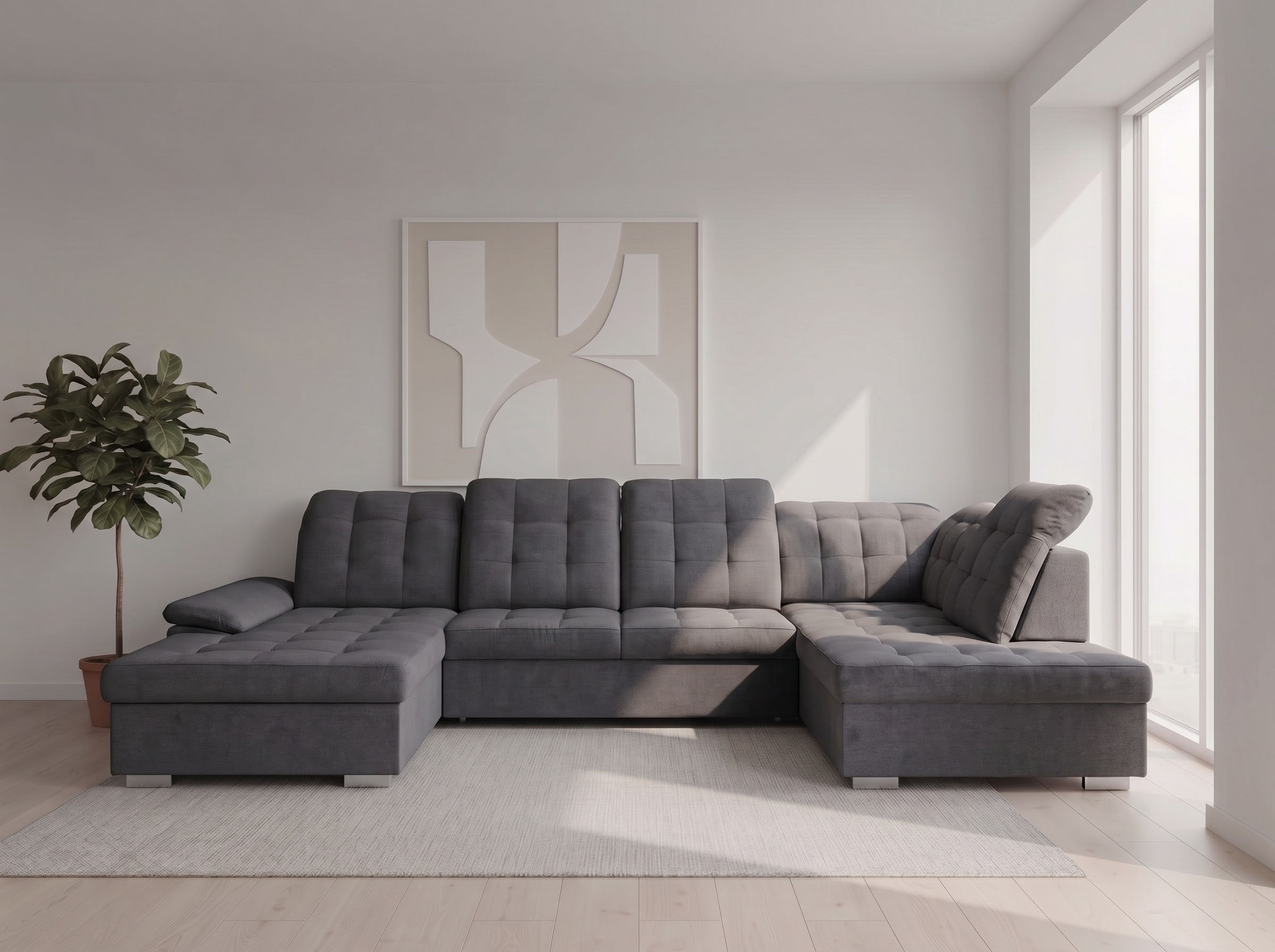 WERK2 Wohnlandschaft "Kordula-New 332 x 217 cm Multifunktion Couch modern und bequem" Struktur weich, U-Form, XXL, Sitztiefenverstellung, Schlaffunktion