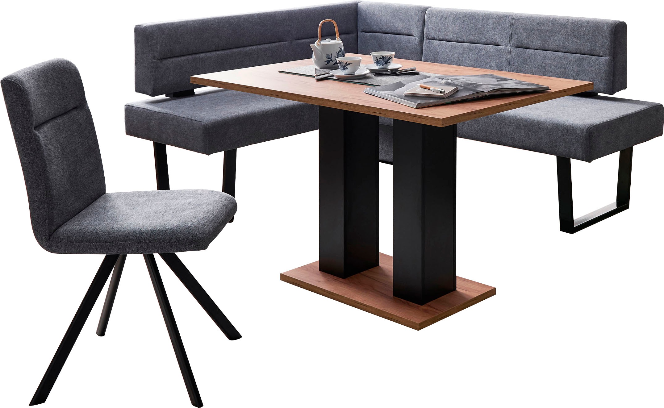Eckbankgruppe MASSIVLINE & MORE "Martina", blau (spanplatte, metall, mercury 121 blaugrau, blau, grau, schwarz), T:65cm, Holzwerkstoff, Massivholz, Polyester, Sitzmöbel-Sets, Eckbankgruppe, frei im Raum stellbar